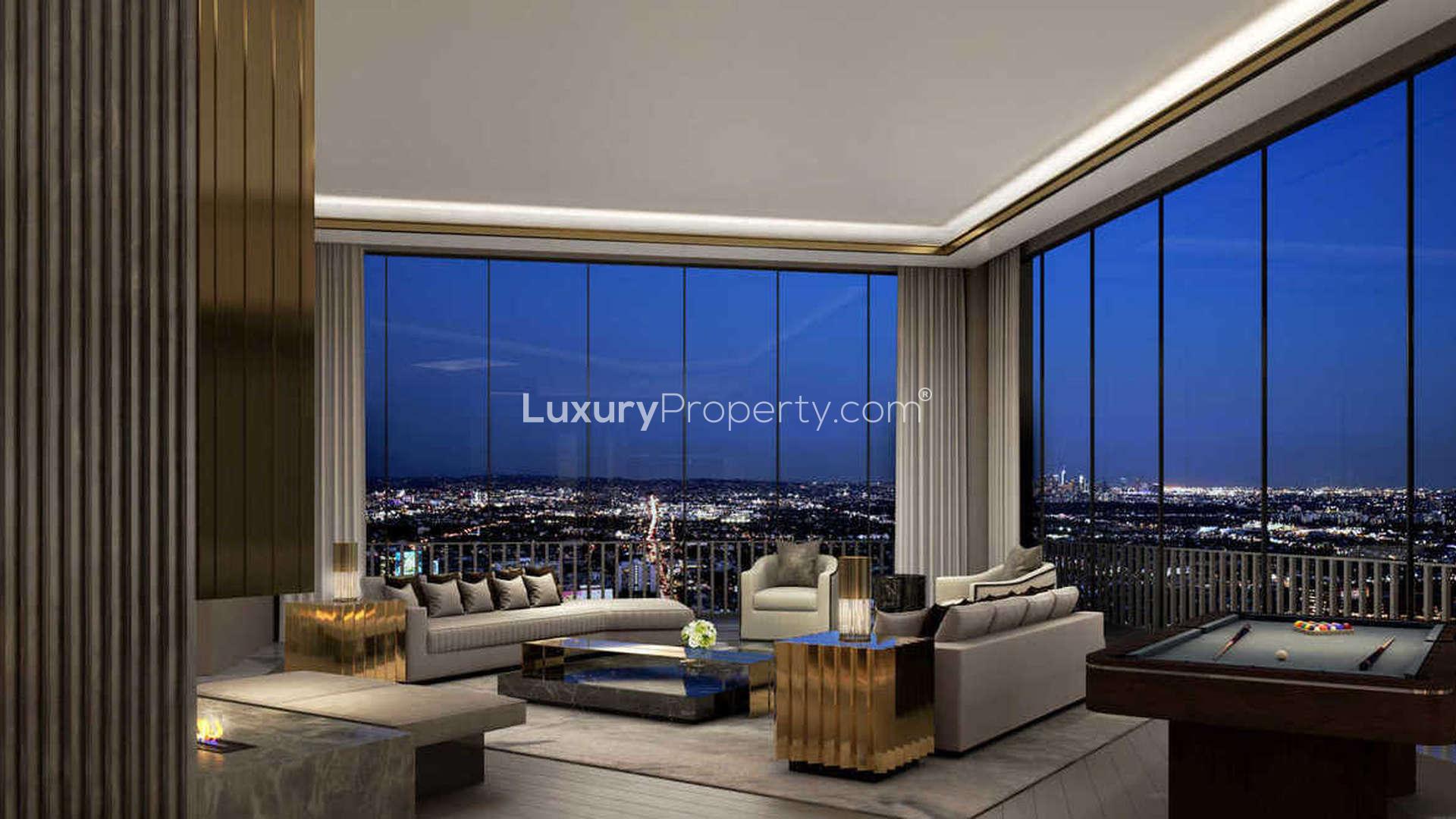 Luxurious living room in 9255 Doheny Rd penthouse, West Hollywood, with city view