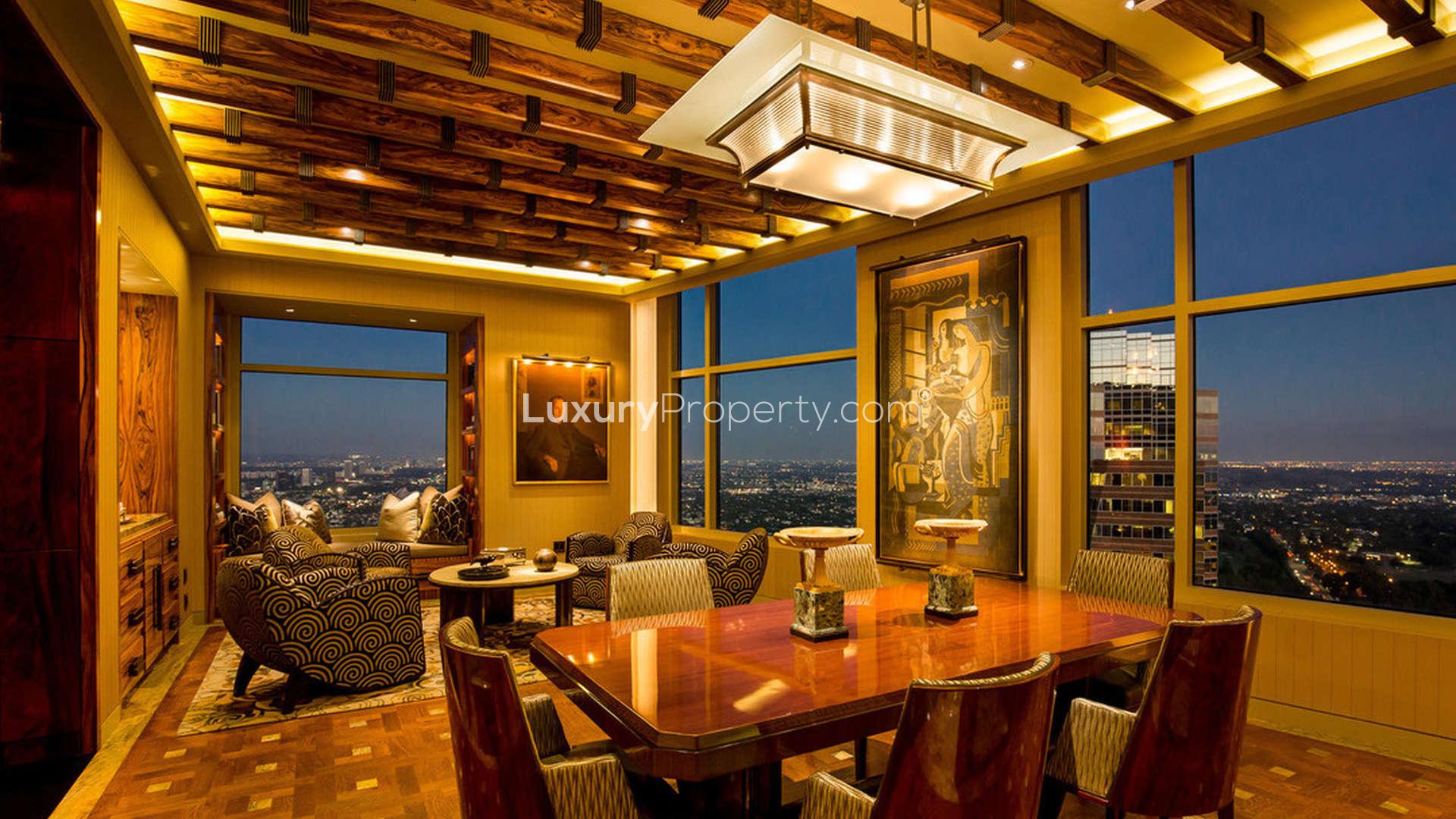 Luxurious Art Deco penthouse interior with city views, featuring elegant furnishings and grand piano