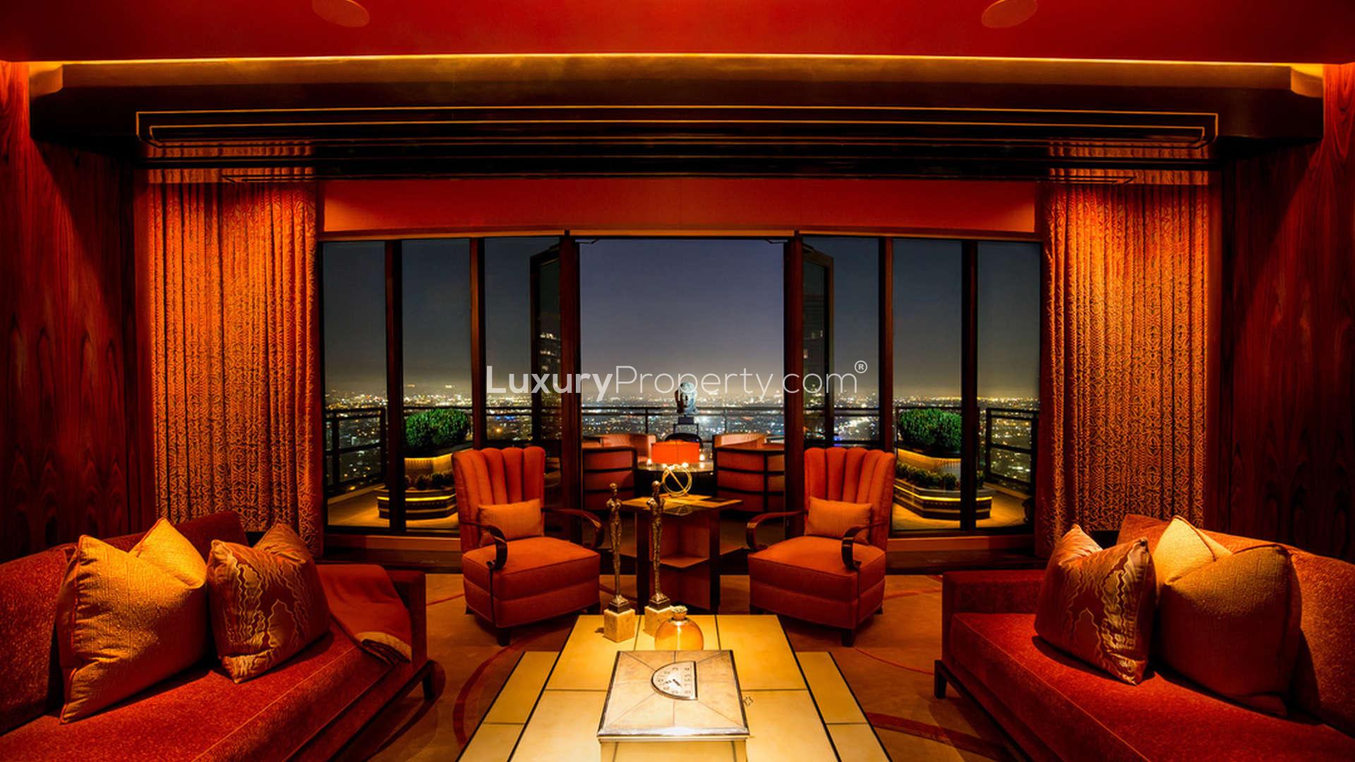 Art Deco penthouse dining room with city view, 1 W Century Dr, Los Angeles