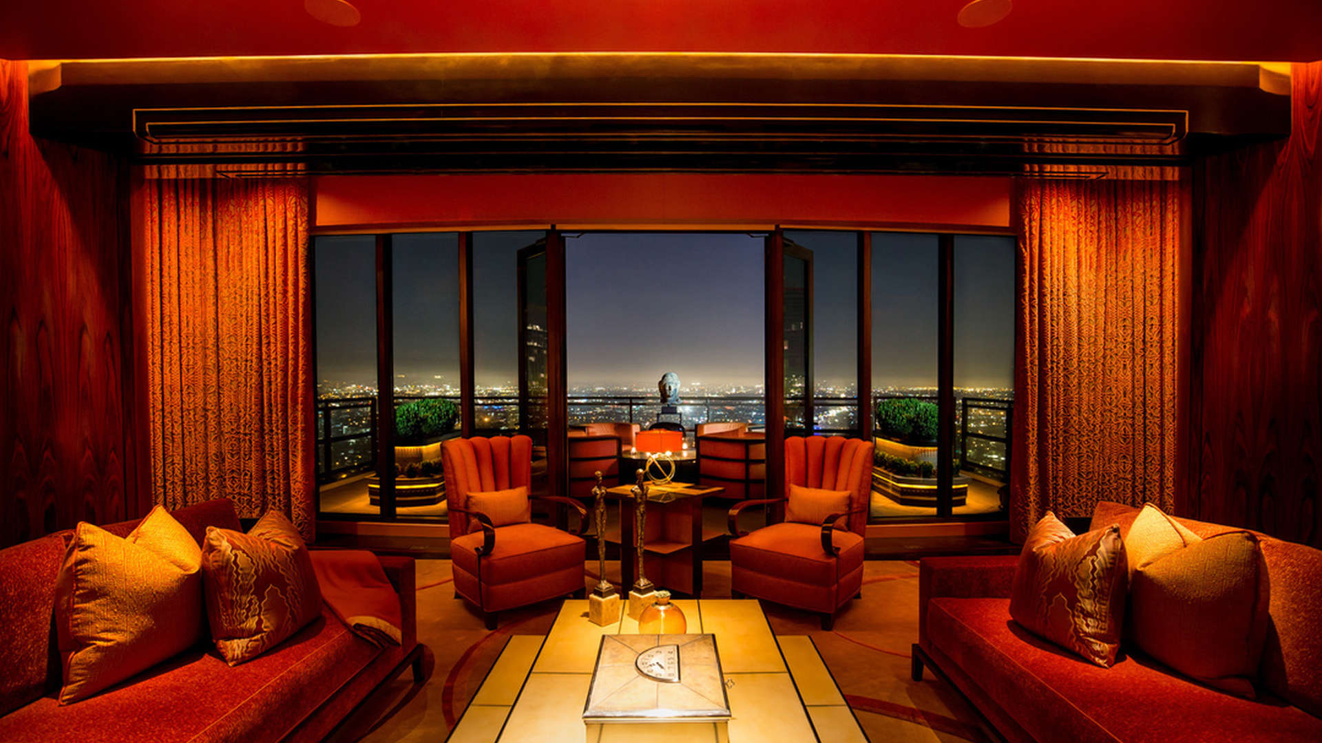 Art Deco penthouse dining room with city view, 1 W Century Dr, Los Angeles