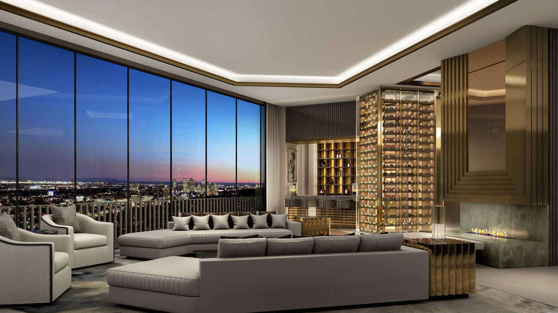Luxurious living room with city views in Hollywood penthouse at 9255 Doheny Rd, LA