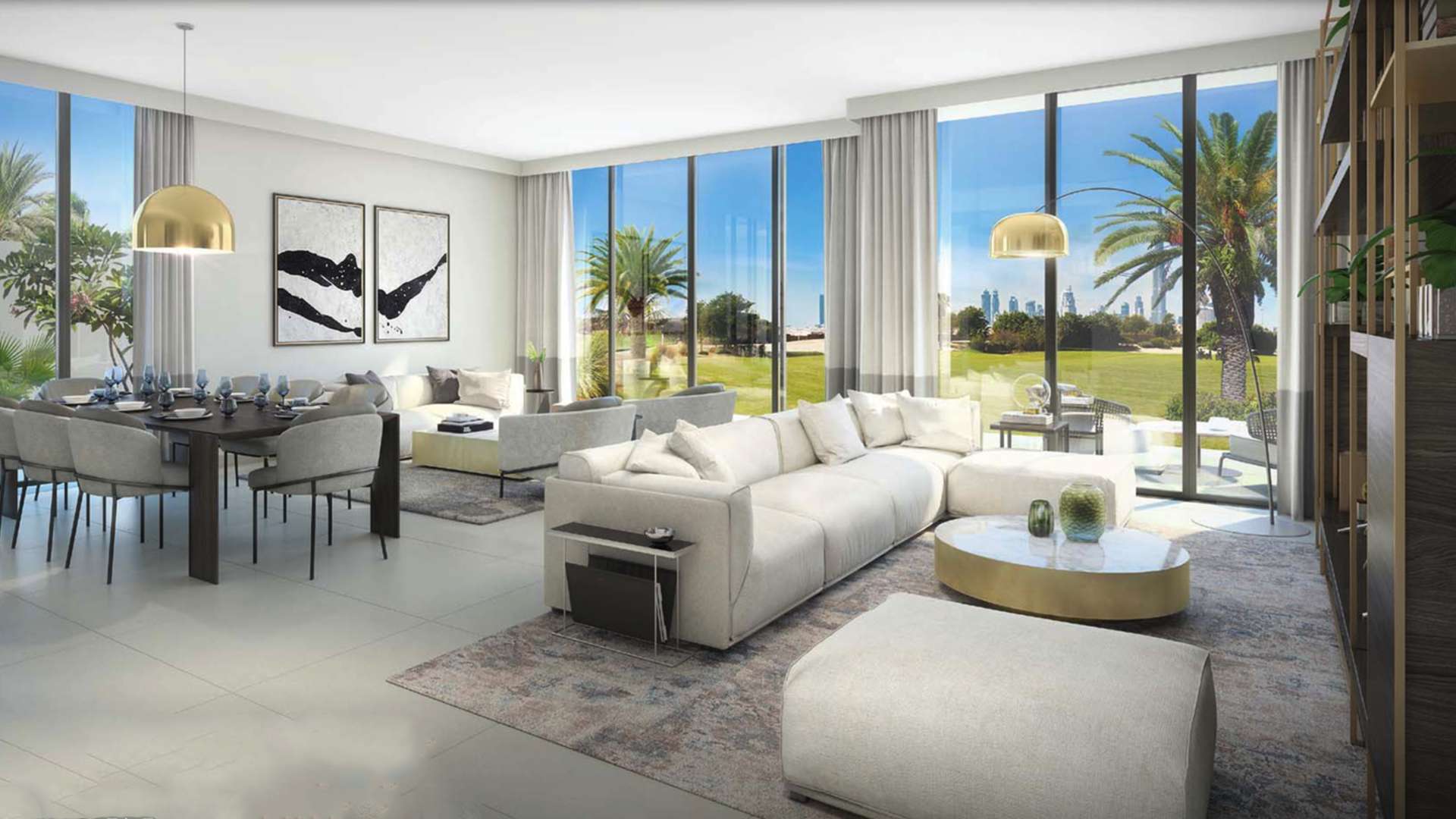 Modern living room with golf course view in Dubai Hills Estate villa for sale