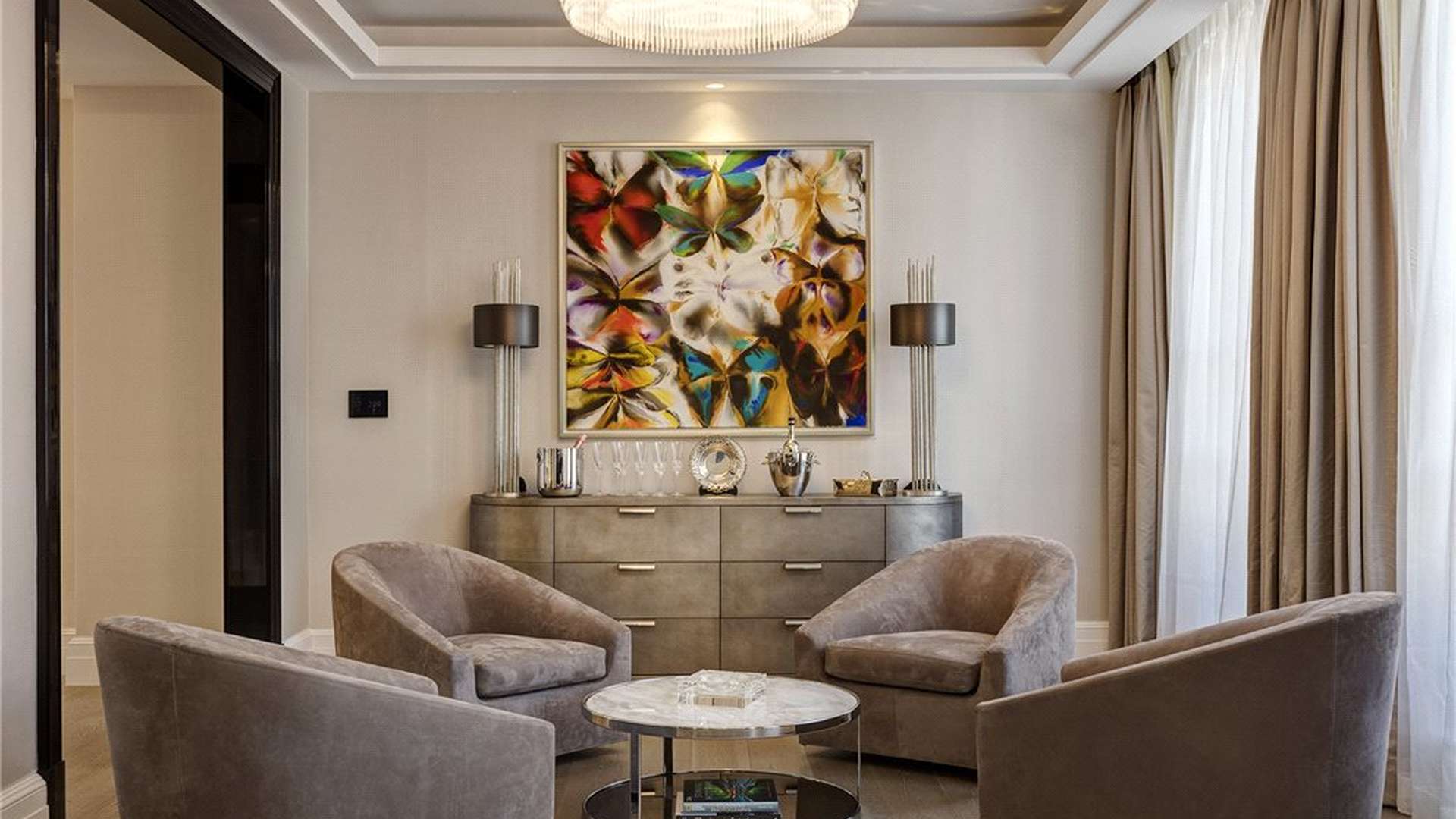 Luxurious living room in five-bedroom townhouse, South Street Mayfair, London. Modern design and decor