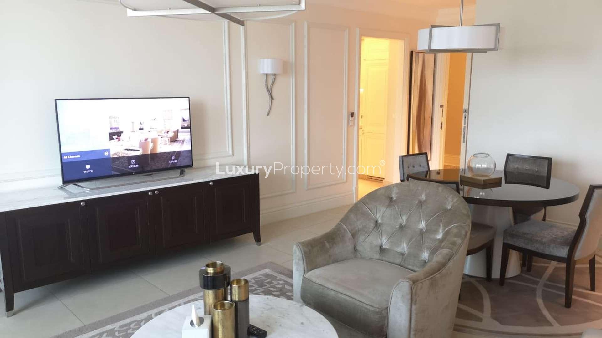 Balcony view from luxury 1-bedroom apartment in Address Boulevard, Downtown Dubai, showing cityscape