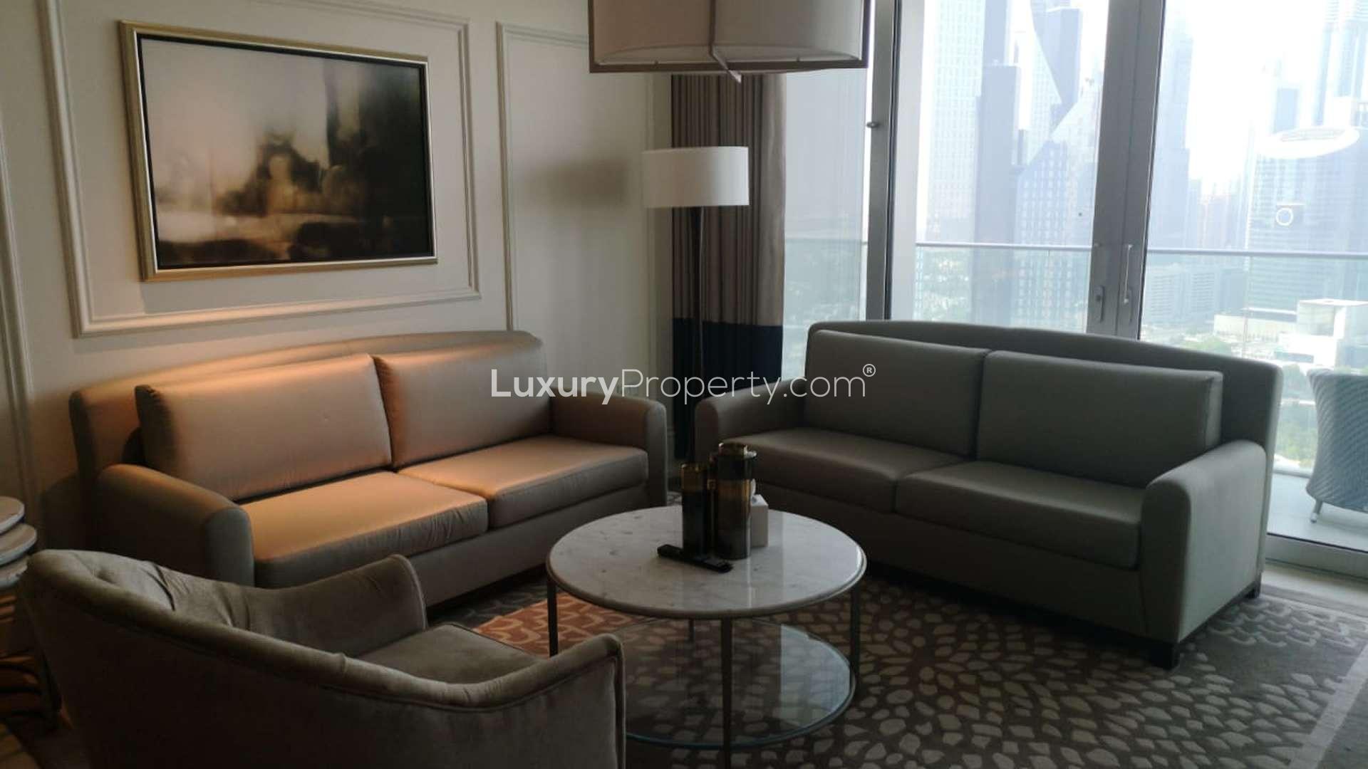 Luxury furnished living room in 1-bedroom apartment, Address Boulevard, Downtown Dubai, for sale