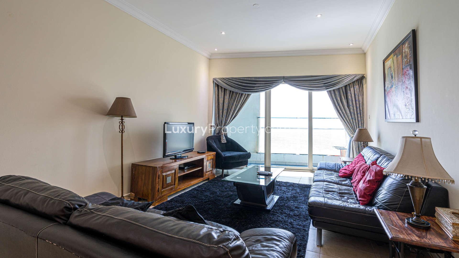 Furnished living room in three-bedroom Marina Heights apartment, Dubai Marina, for sale