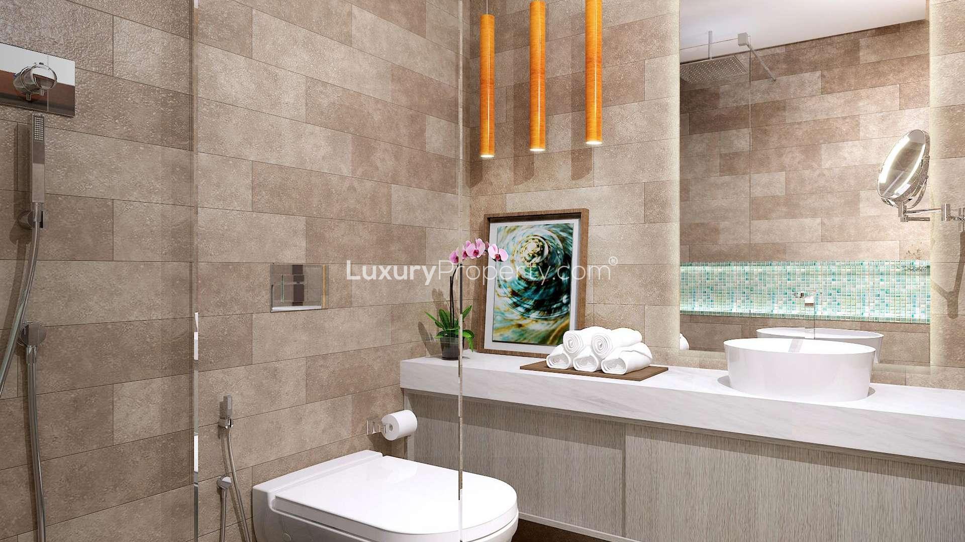 Luxurious bathroom in Palm Jumeirah, Seven Residences apartment with modern fixtures and decor