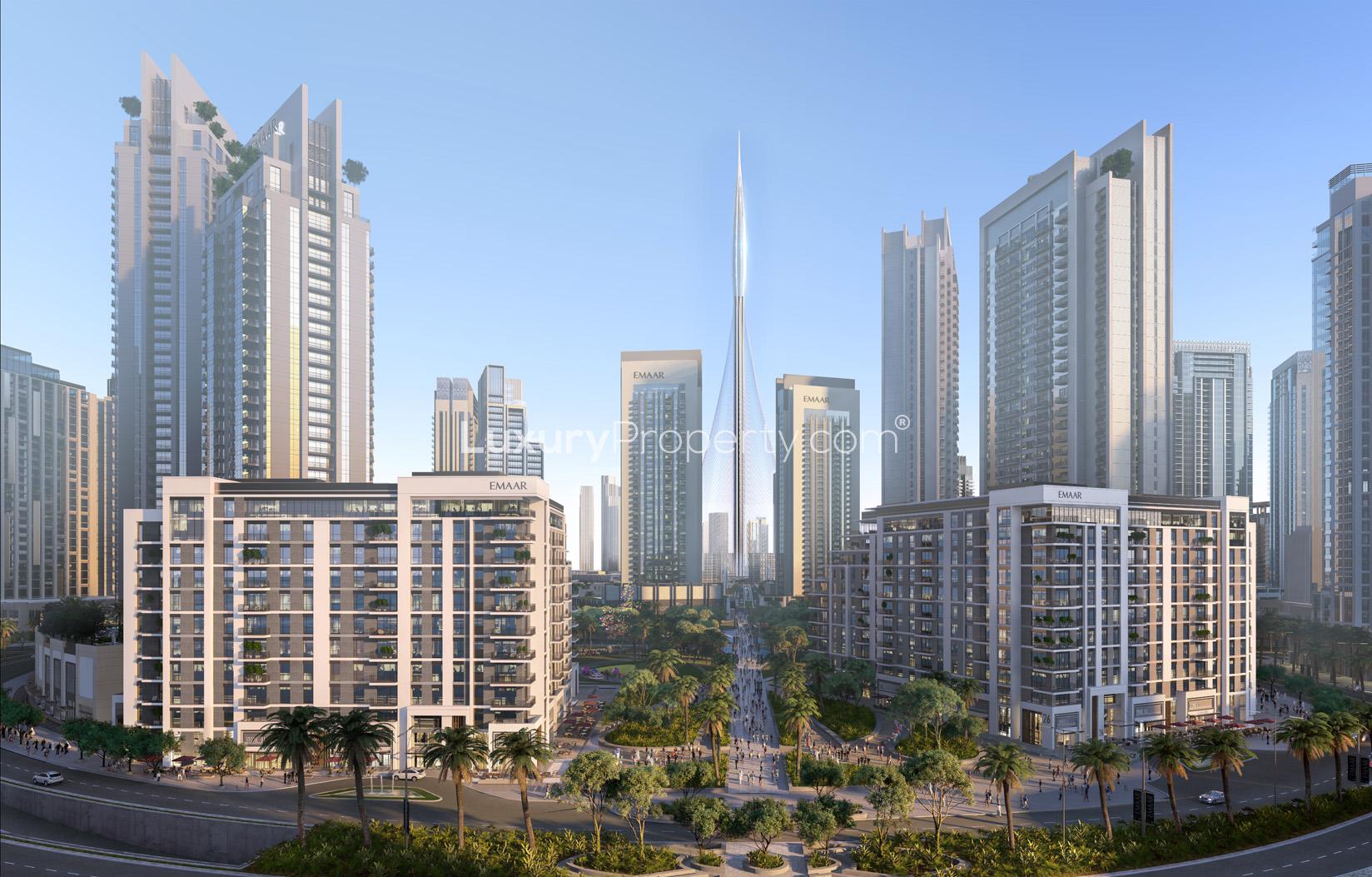 Modern three-bedroom apartment balcony view, Dubai Creek Harbour skyline, Island Park 1