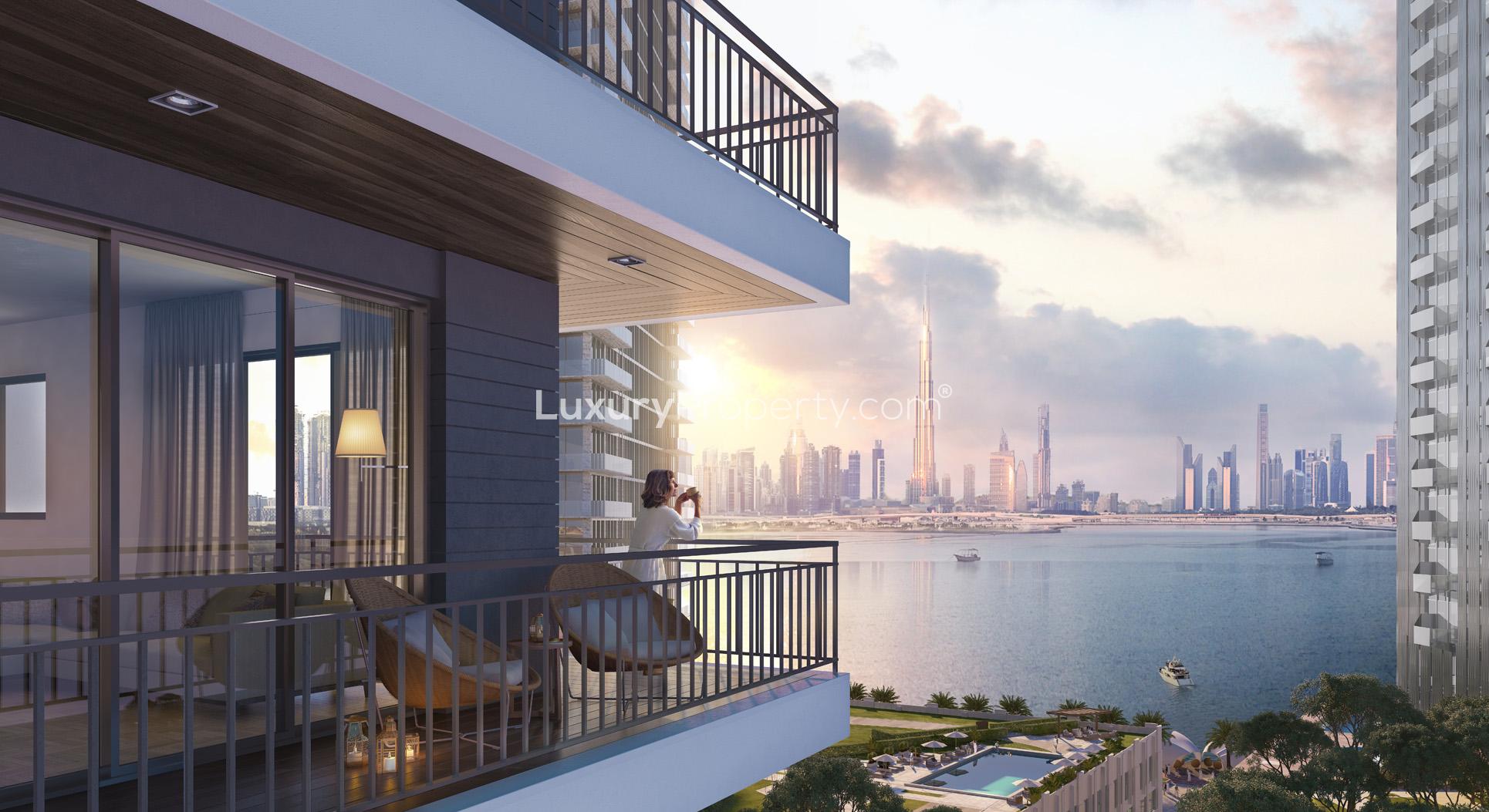 Modern bedroom in three-bedroom apartment, Island Park 1, Dubai Creek Harbour, with city view