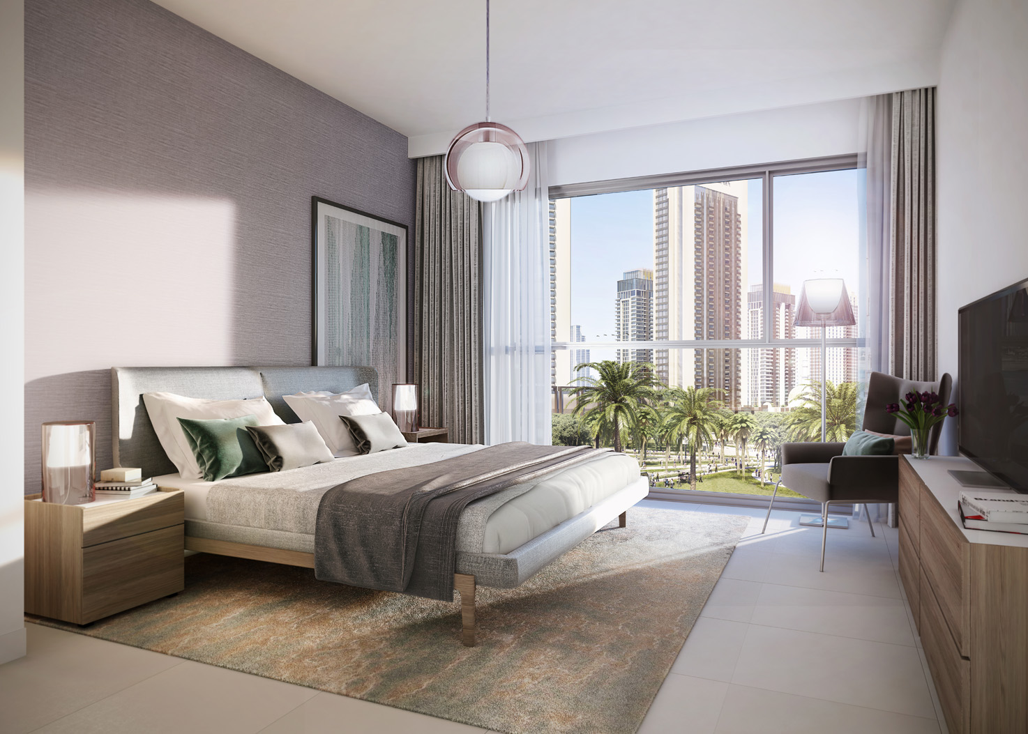 Modern living room in three-bedroom apartment, Island Park 1, Dubai Creek Harbour, for sale