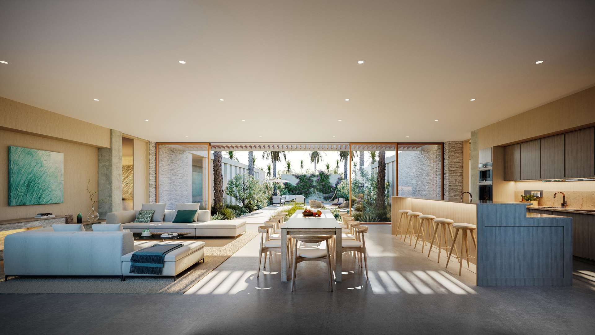 Modern 3-bed villa exterior with palm trees in Al Jurf Gardens, Ghusoon Villa