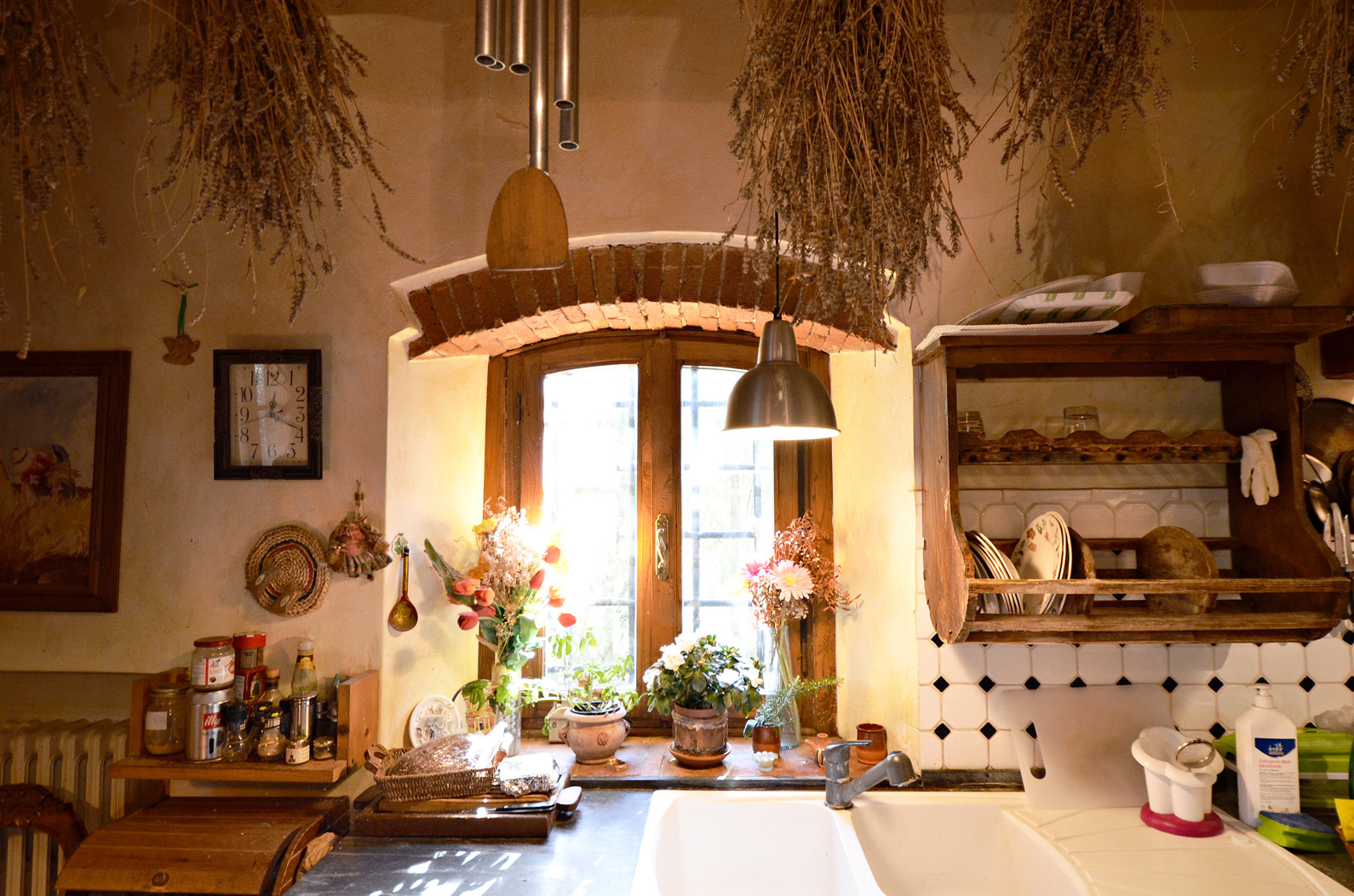 "Charming patio view at 7-bedroom villa in Florence Tuscany countryside, Casa Nella Collina.",Rustic kitchen with herbs, wooden shelves, and vintage decor in Tuscany villa, Florence countryside