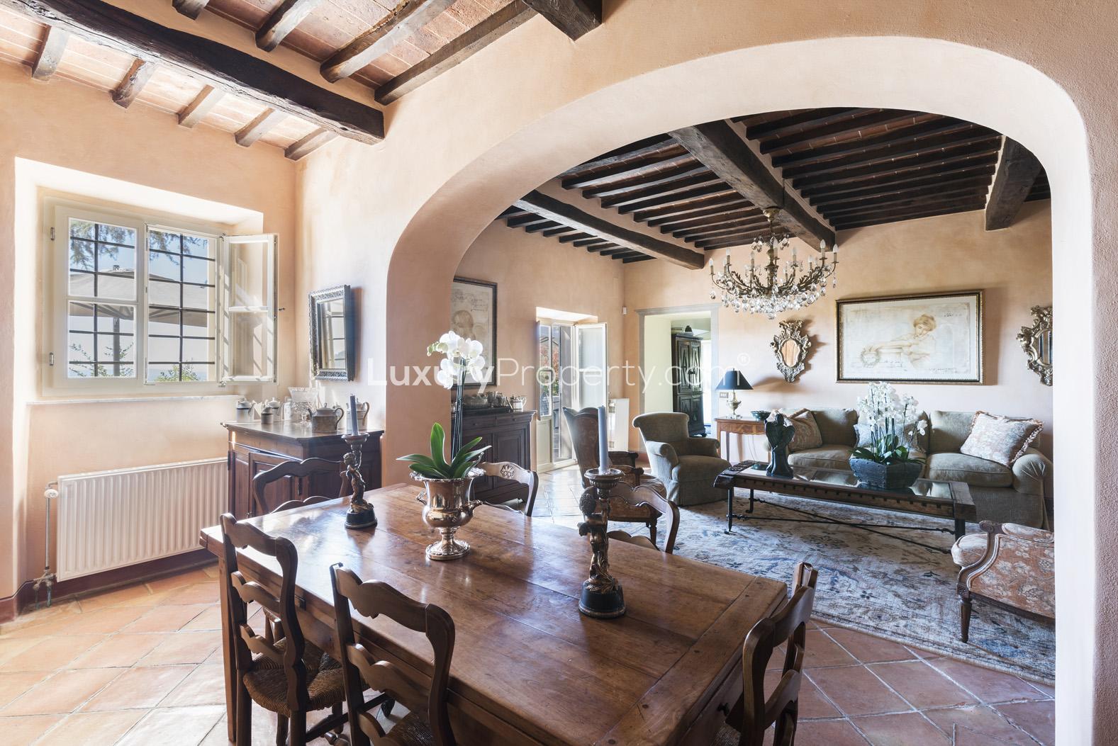 17th Century Italian villa bedroom with ornate decor and stunning panoramic views, Arezzo