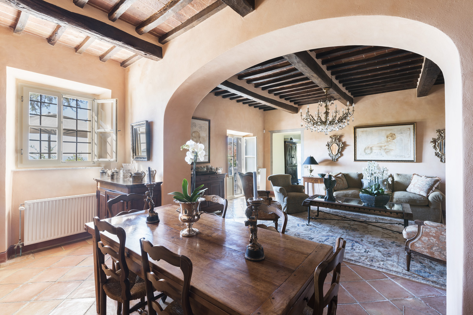 17th Century Italian villa bedroom with ornate decor and stunning panoramic views, Arezzo