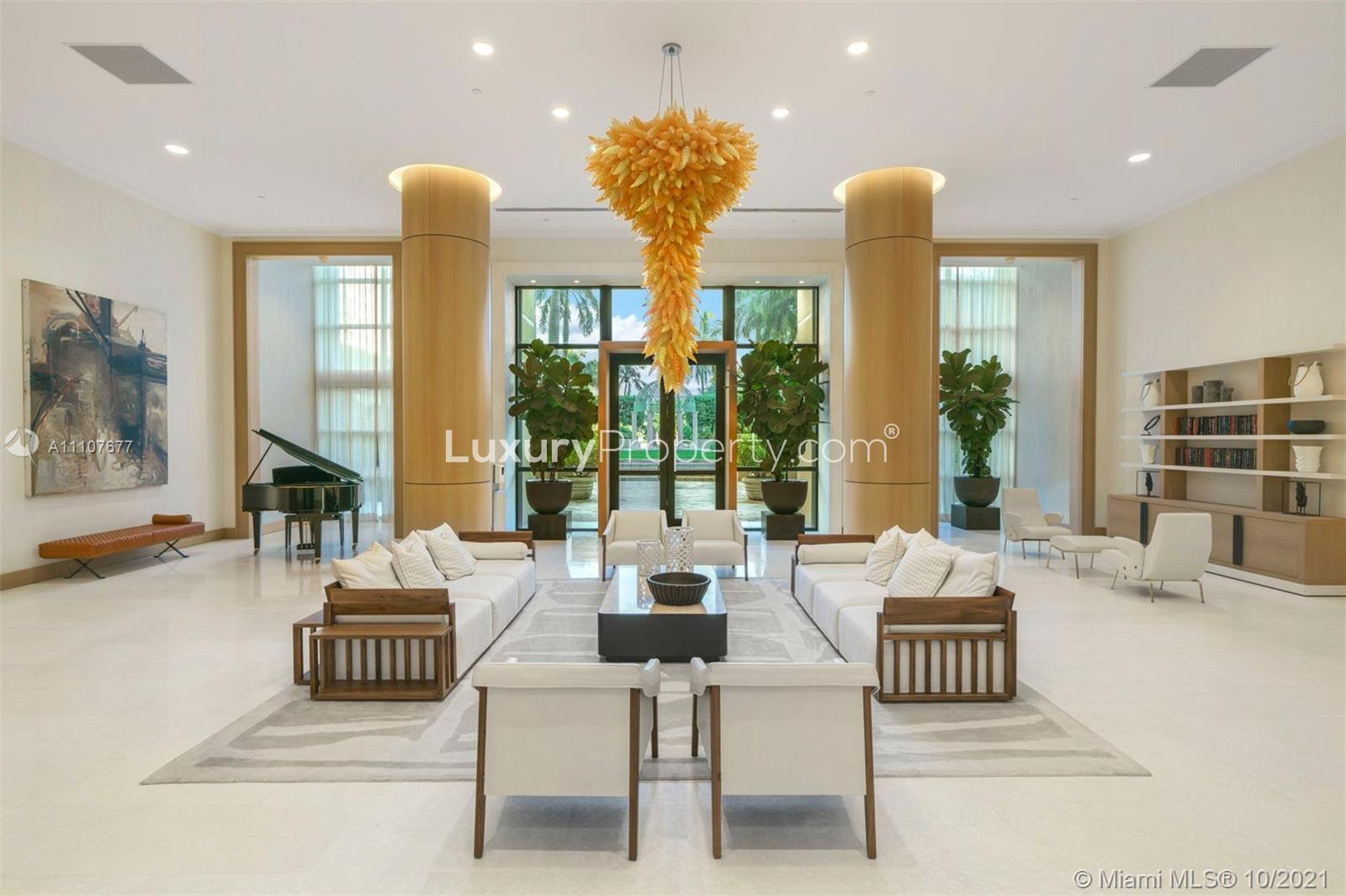 Luxurious lobby of Key Biscayne corner penthouse villa for sale, featuring elegant decor
