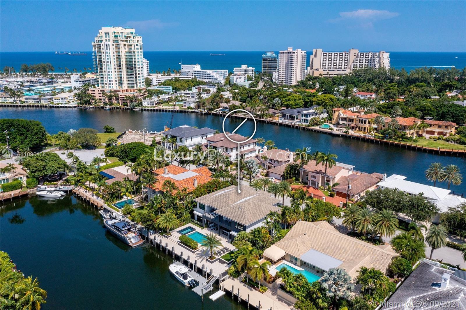 Luxurious five-bedroom Mediterranean villa exterior in Fort Lauderdale at sunset
