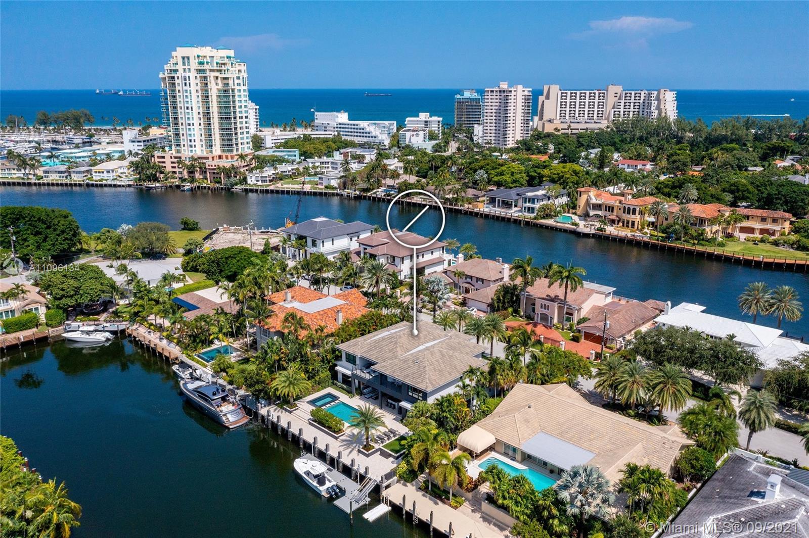 Luxurious five-bedroom Mediterranean villa exterior in Fort Lauderdale at sunset
