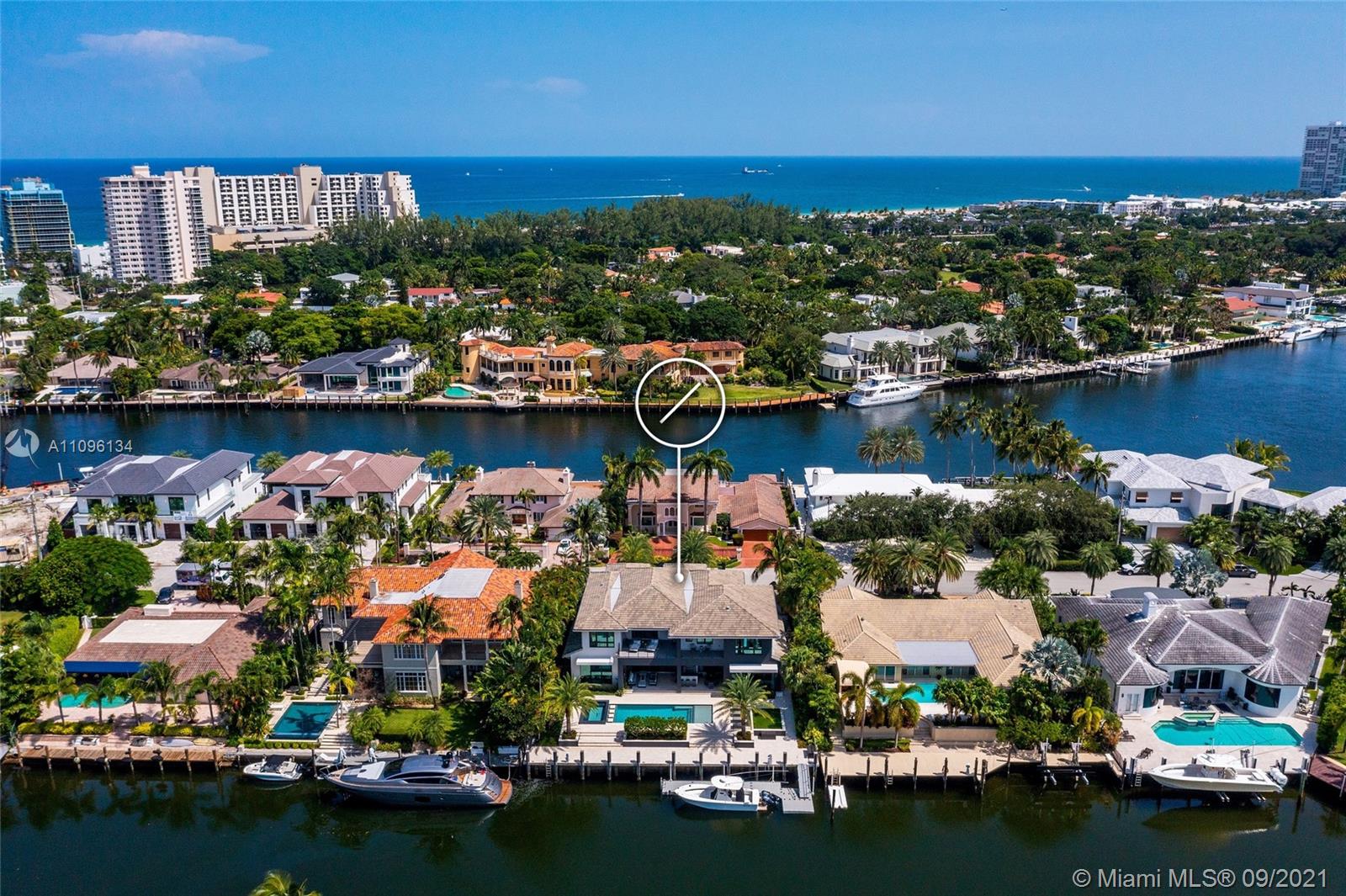 Aerial view of luxury Mediterranean villa in Fort Lauderdale, Florida with waterfront and pool