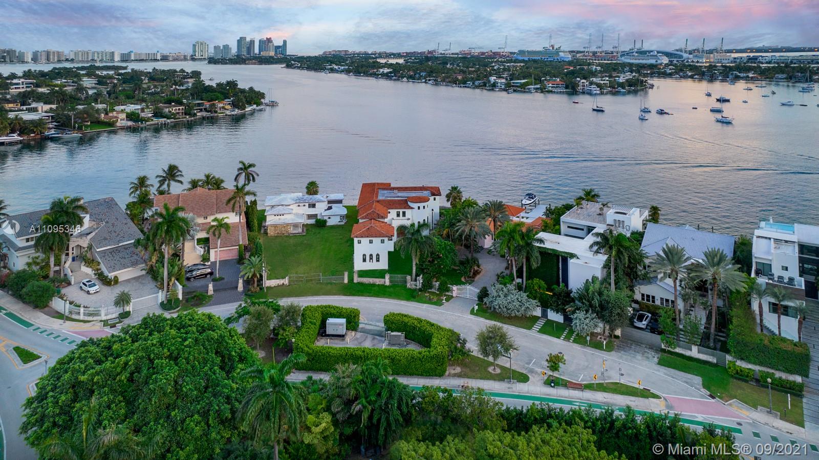 Aerial view of luxury villa on Venetian Islands, Miami, with waterfront and skyline views