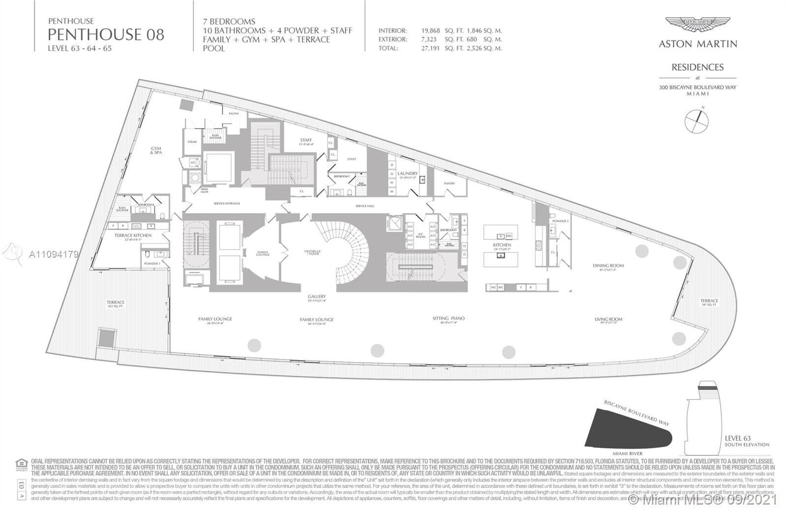 Floorplan of a luxurious 7-bedroom penthouse villa on Biscayne Boulevard, Miami Beach