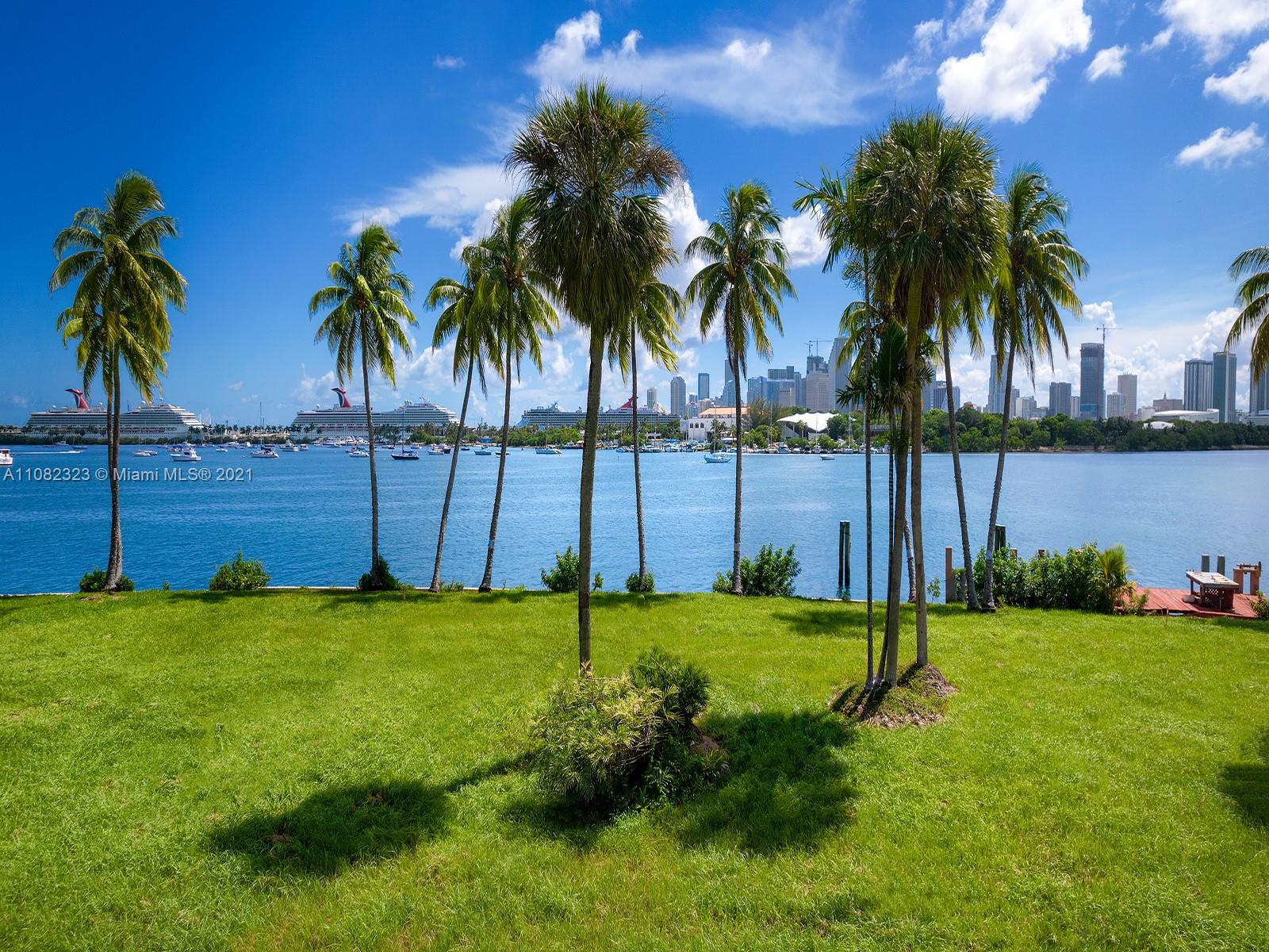 Waterfront view from San Marco Island, Miami with skyline and boats in the distance