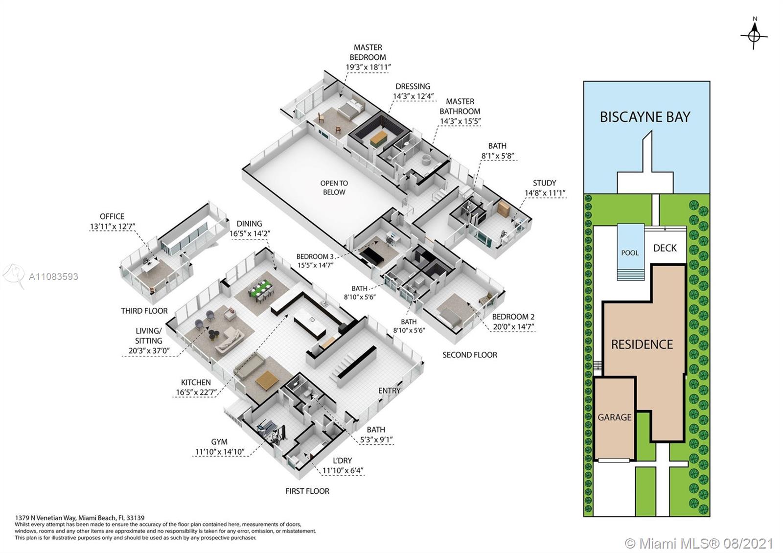 Floor plan of 5-bed villa at 1379 N Venetian Way, Miami, with pool and garage