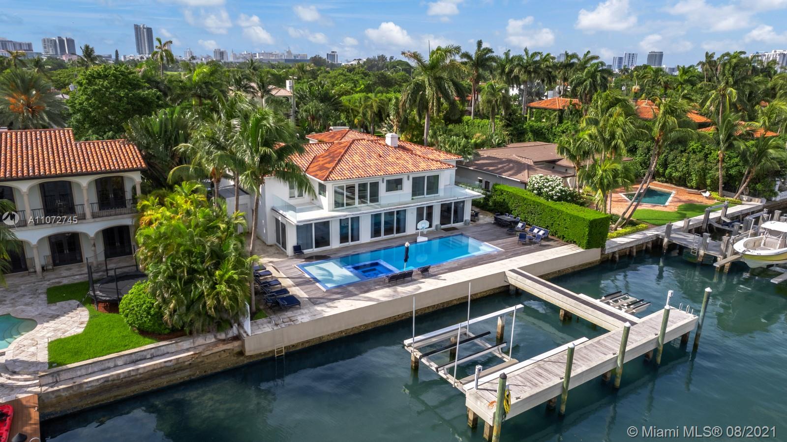 Aerial view of Miami waterfront homes and skyline, showcasing luxury real estate in Florida