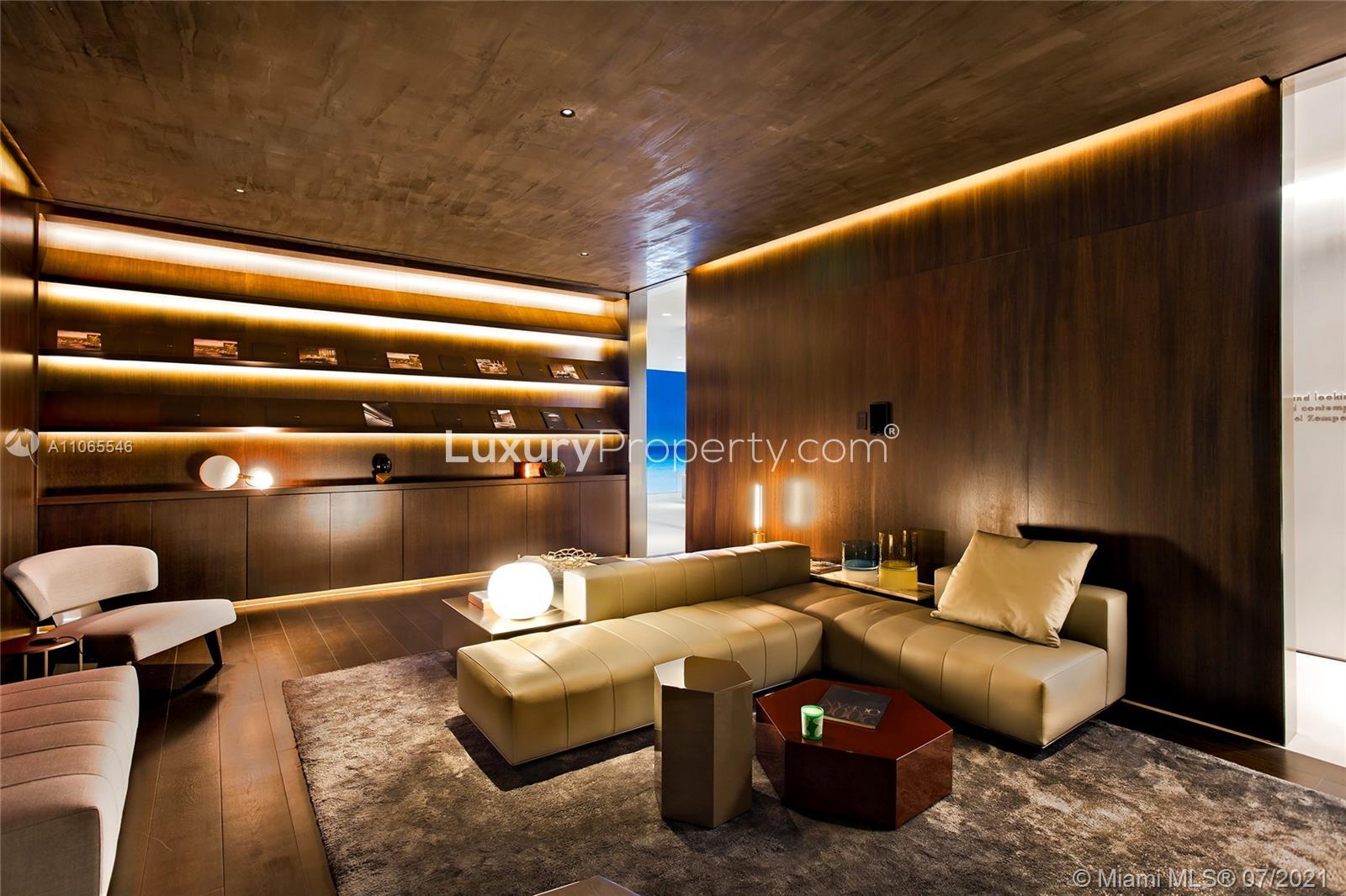 Modern living room in luxury six-bedroom penthouse, Hallandale Beach, Florida villa for sale