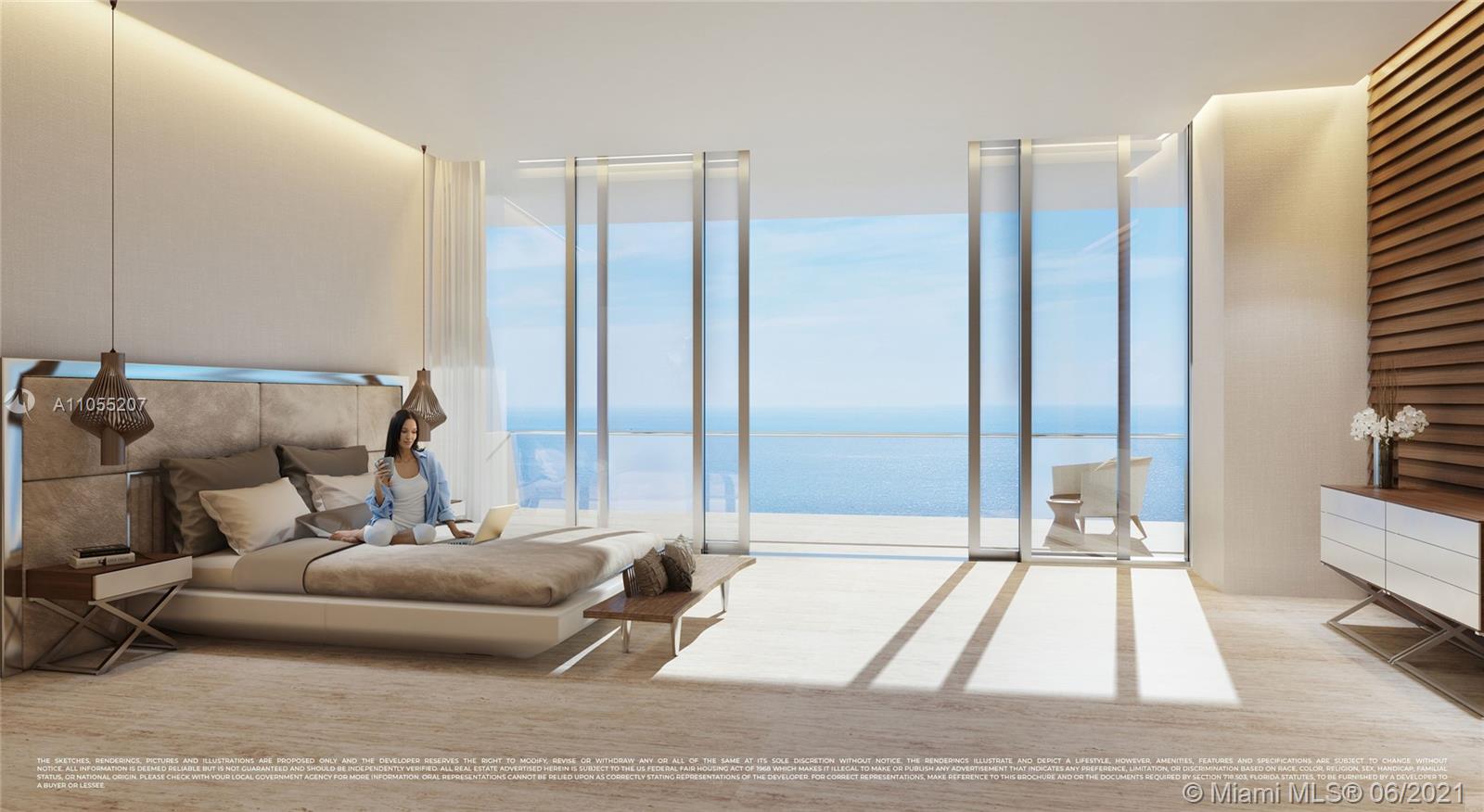 Luxurious bedroom with ocean view in Miami villa, Sunny Isles Beach, for sale