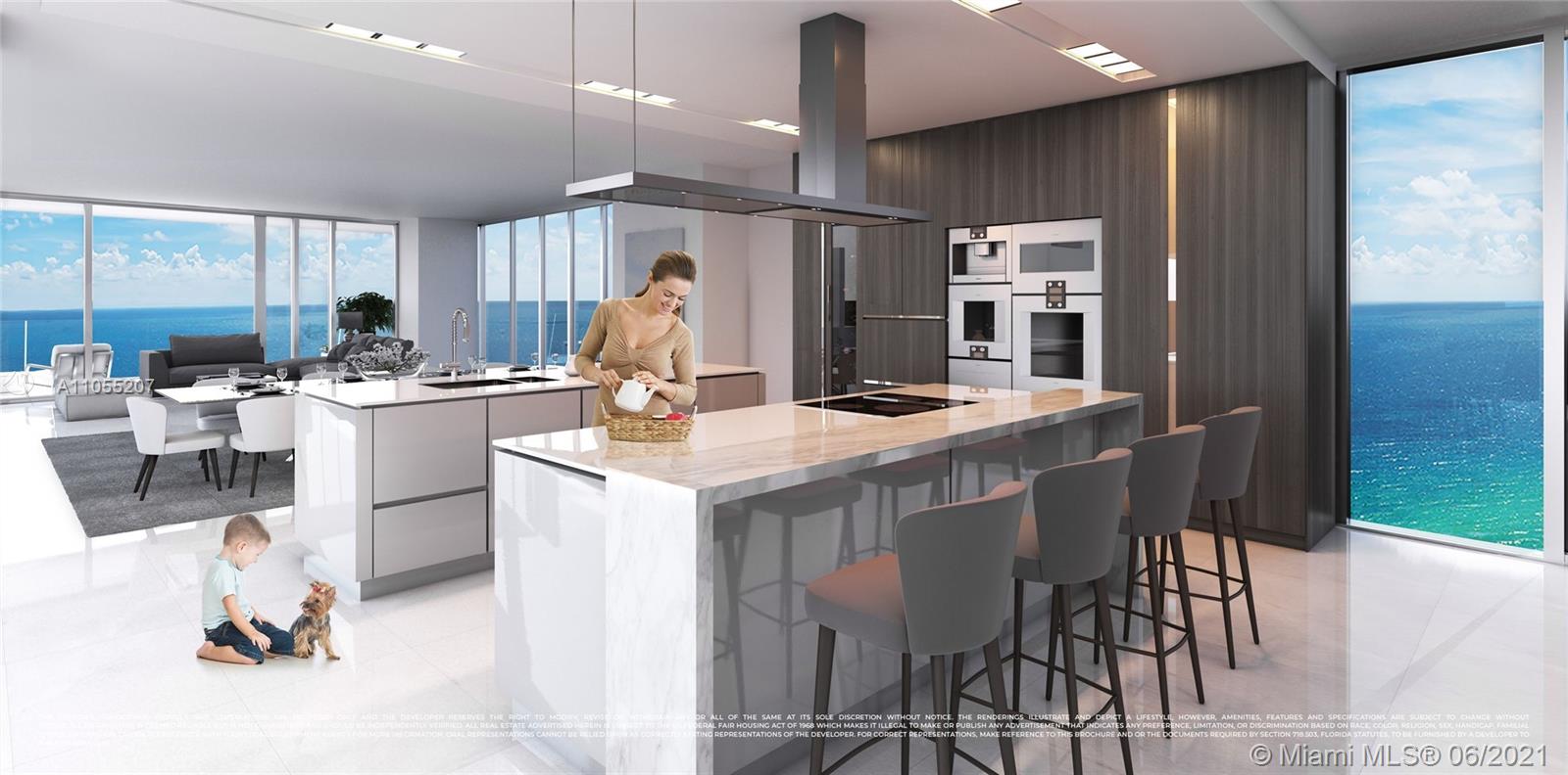 "Luxurious villa balcony with ocean view in Sunny Isles Beach, Miami, Florida.",Modern kitchen in deluxe seven-bedroom villa, Sunny Isles Beach, Miami, with ocean view