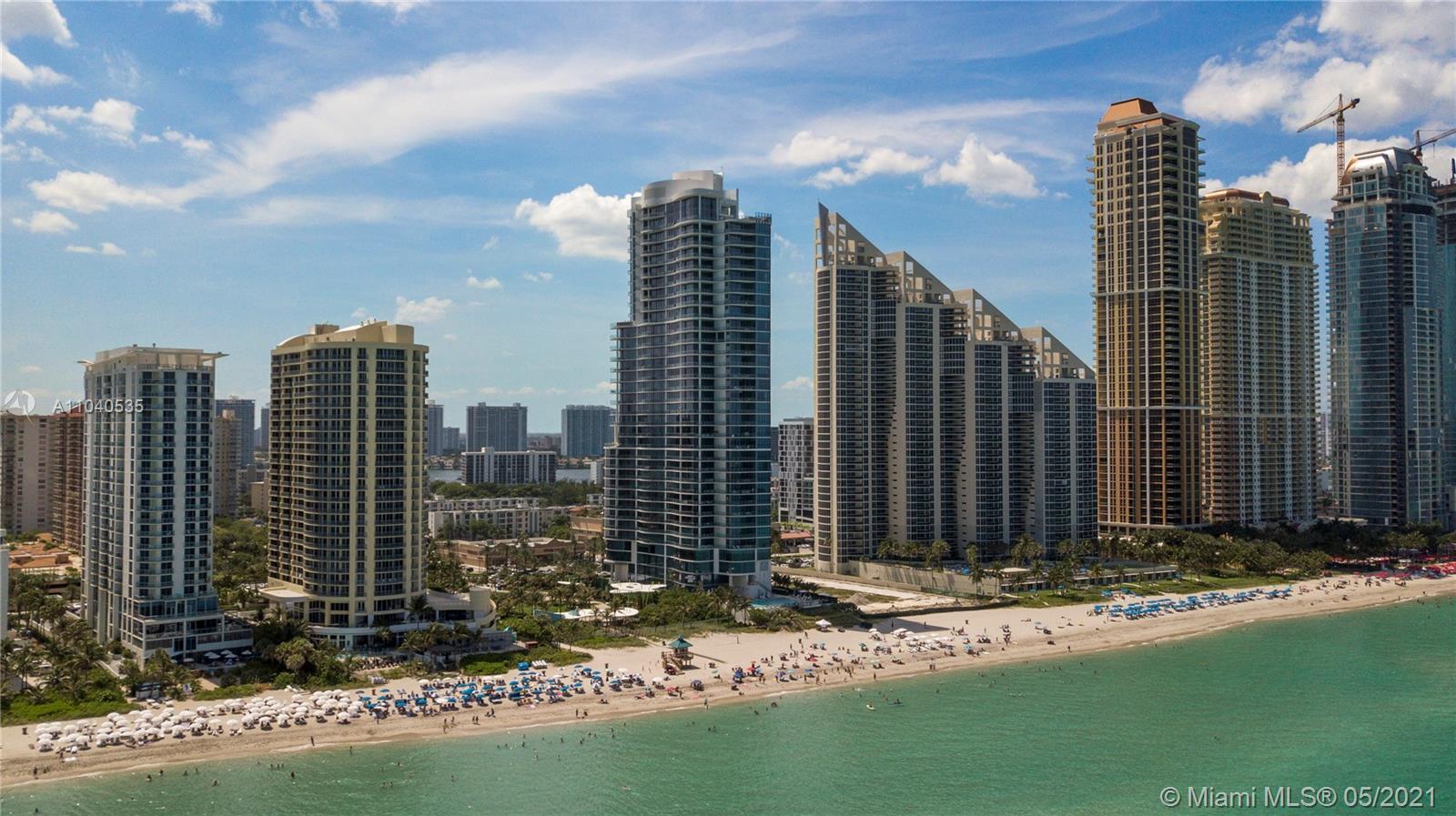 Aerial view of Miami beachfront penthouses at 17475 Collins Ave, luxury real estate