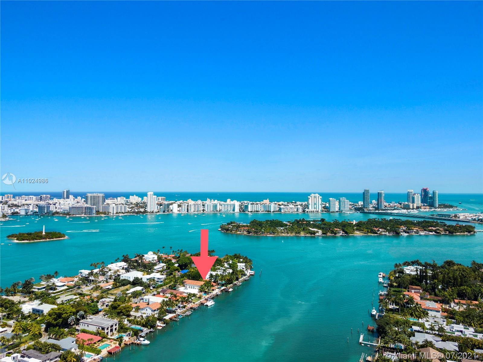 Aerial view of waterfront villa for sale at 56 S Hibiscus Dr, Miami Beach