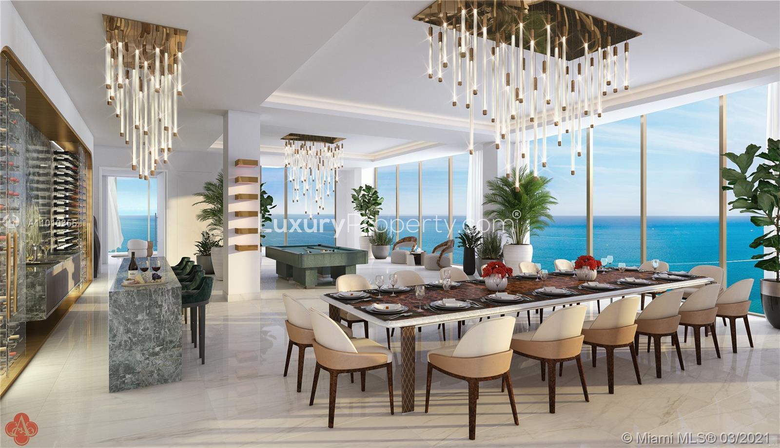 Luxurious dining area with ocean view in Miami five-bedroom villa for sale