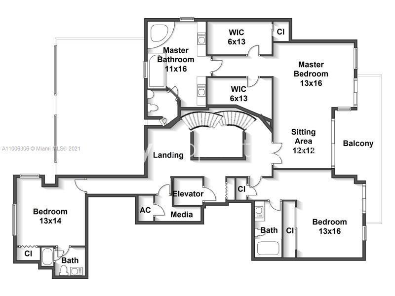 Floor plan of Miami penthouse with outdoor living, sun decks, media room, and jacuzzi