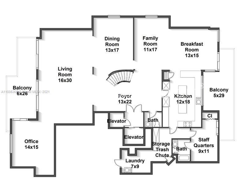 Floorplan of 5-bedroom, 6-bathroom penthouse villa at 785 Crandon Blvd, Miami, for sale