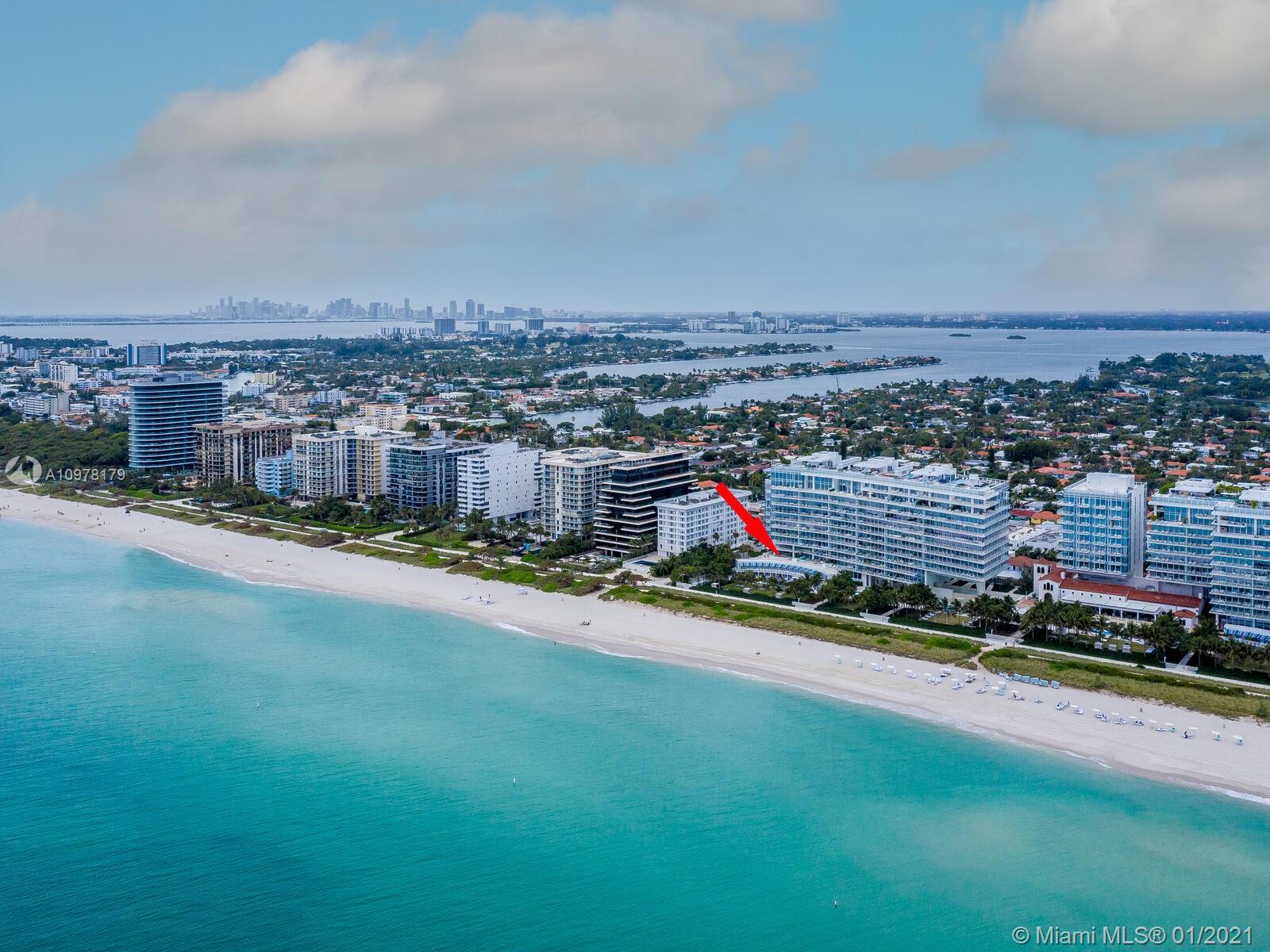 Aerial view of oceanfront villas at 9001 Collins Ave, Miami, Florida, for sale
