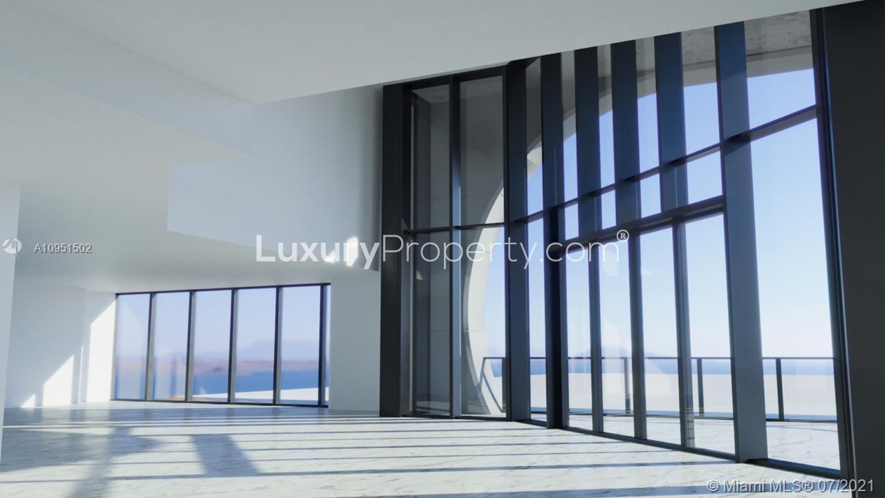 Elegant Miami villa interior with ocean view through floor-to-ceiling windows, Biscayne Boulevard