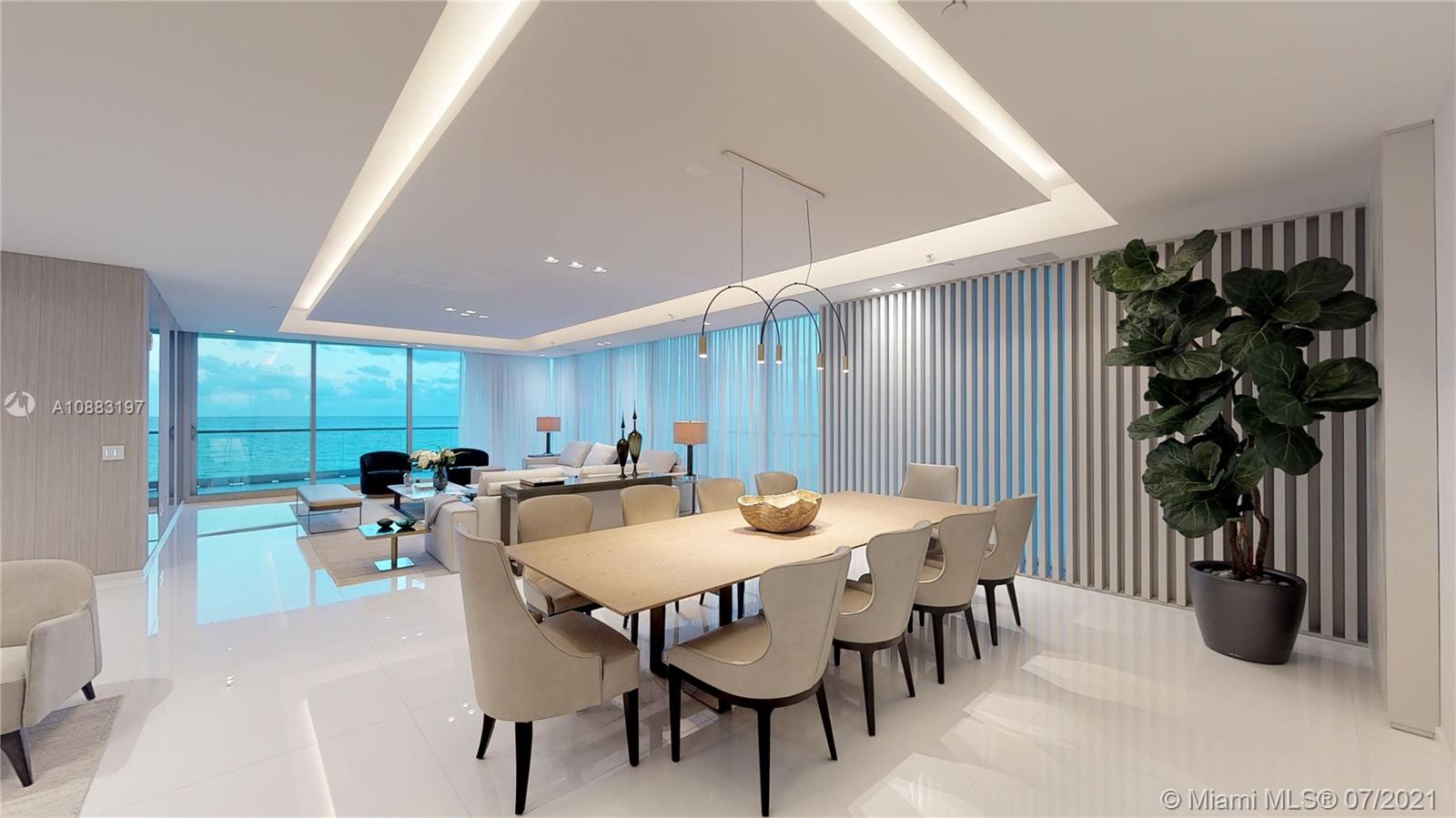 Modern living and dining area in fully furnished Miami villa for sale, 9349 Collins Ave