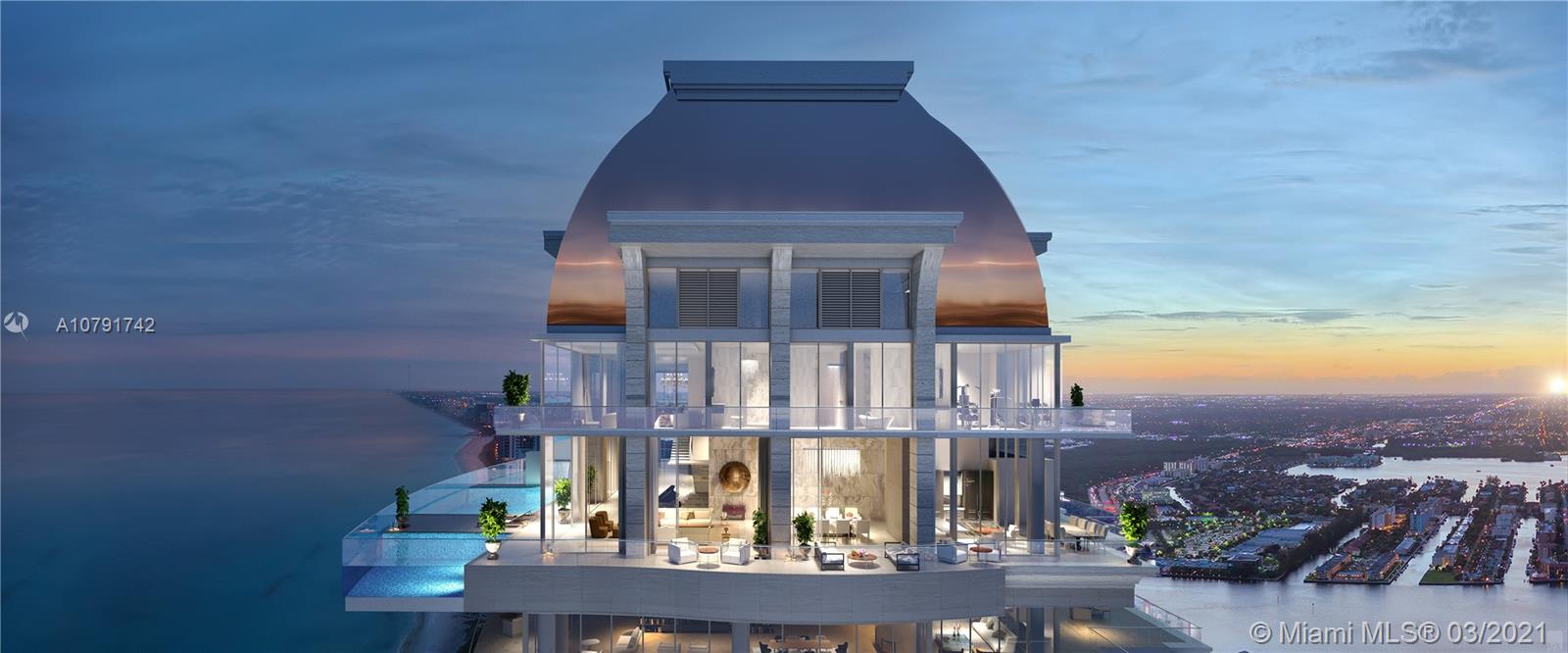 Luxury Miami villa living room with ocean views, glass staircase, and poolside terrace