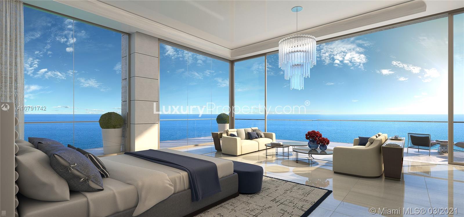 Luxurious Miami waterfront villa interior with ocean view, modern furnishings, and elegant decor