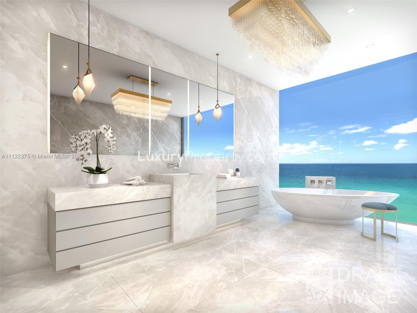 "Luxury Miami villa terrace with waterfront sunset view, elegant dining setup, and cityscape.",Luxurious Miami villa bathroom with ocean view, modern fixtures, and elegant design