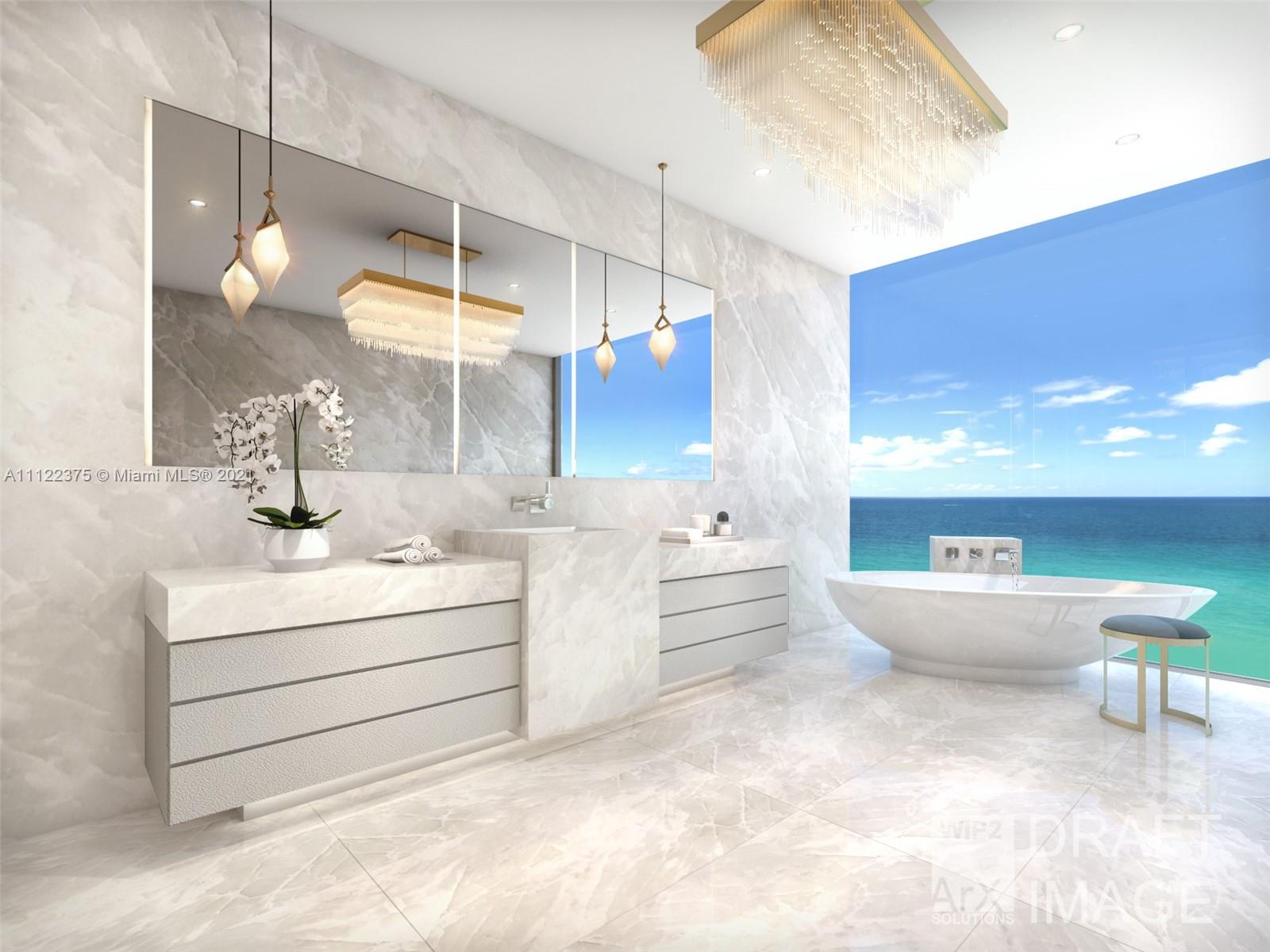 "Luxury Miami villa terrace with waterfront sunset view, elegant dining setup, and cityscape.",Luxurious Miami villa bathroom with ocean view, modern fixtures, and elegant design