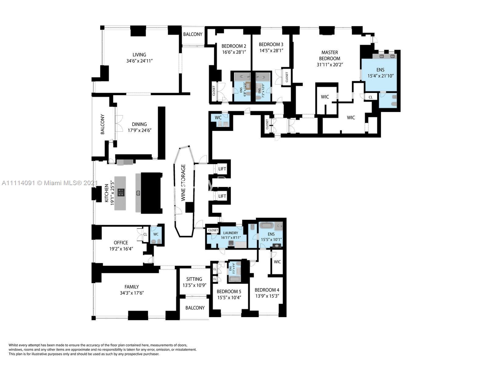 Floor plan of 6-bedroom villa at 1425 Brickell Ave PH1, Miami Beach, for sale