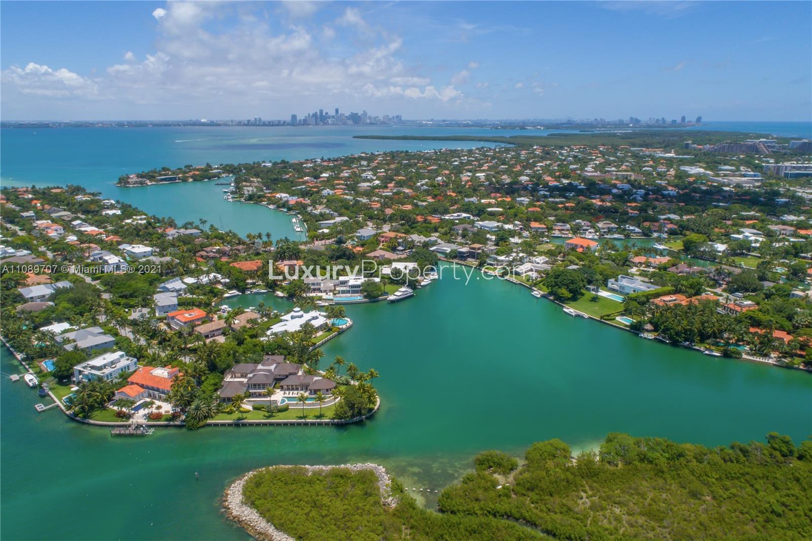 Luxurious Miami villa with spacious driveway, surrounded by lush greenery and palm trees