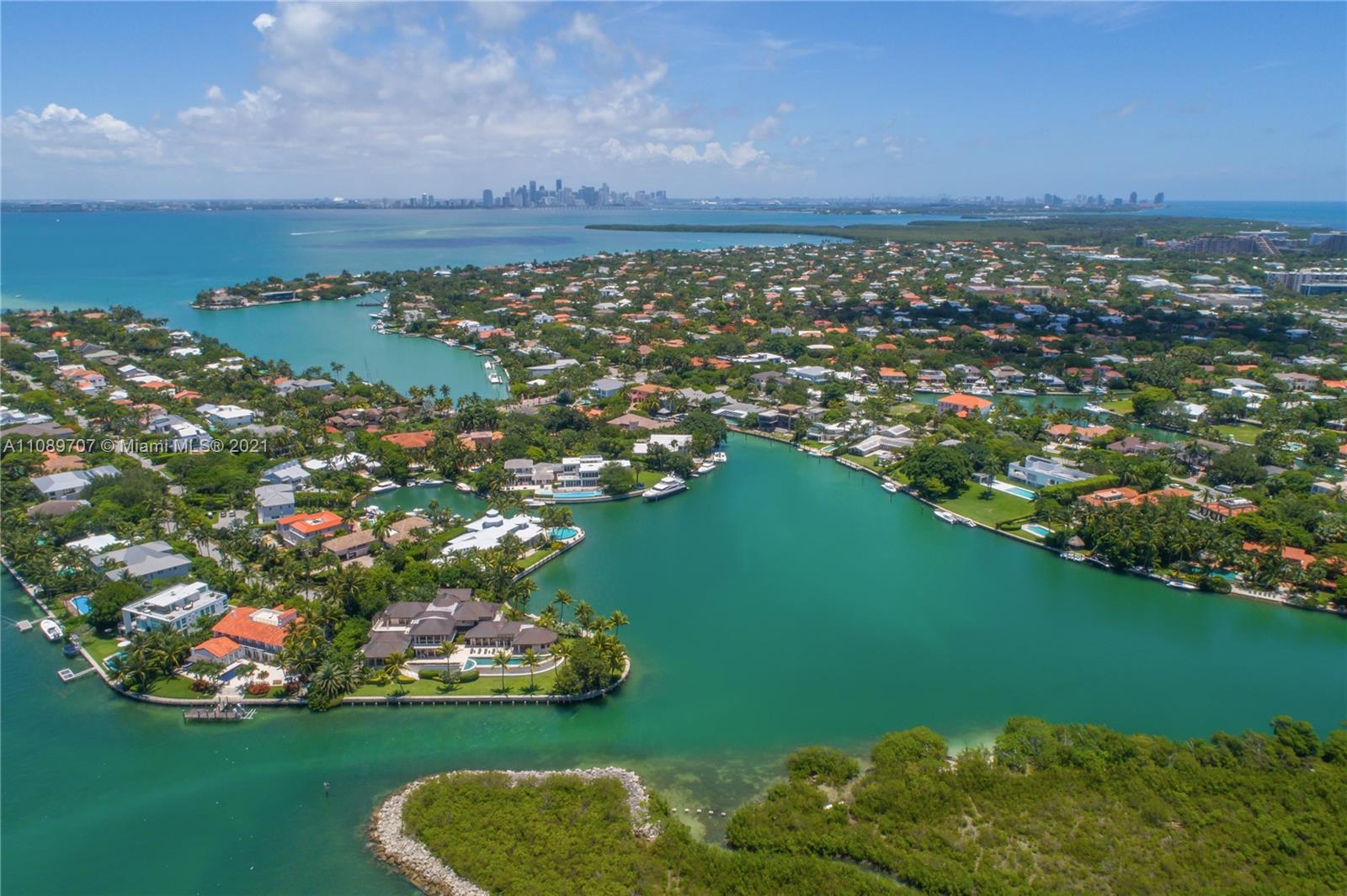 Luxurious Miami villa with spacious driveway, surrounded by lush greenery and palm trees