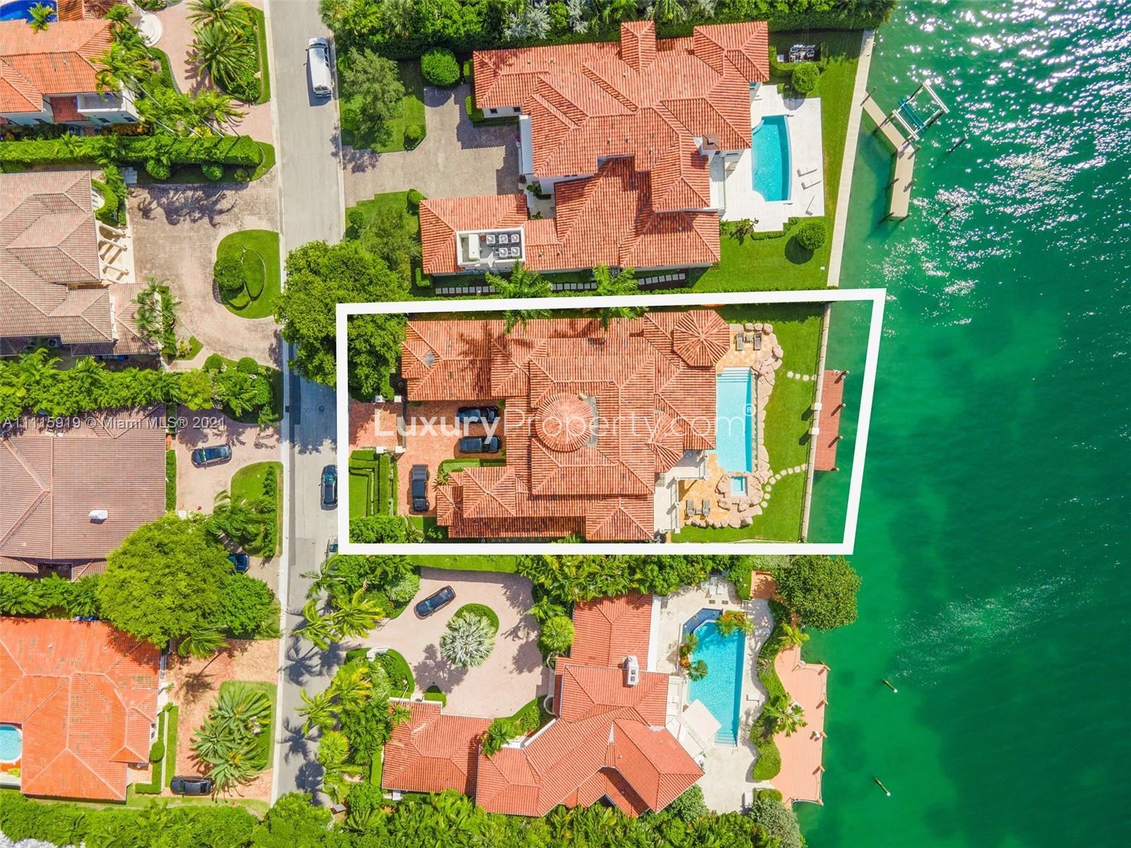 Aerial view of 7-bedroom waterfront villa for sale, 116 Bal Bay Dr, Miami, Florida