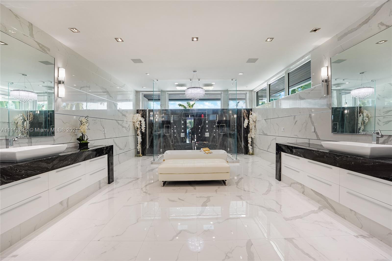 Luxurious marble bathroom in 7-bed waterfront villa, Fort Lauderdale, Florida