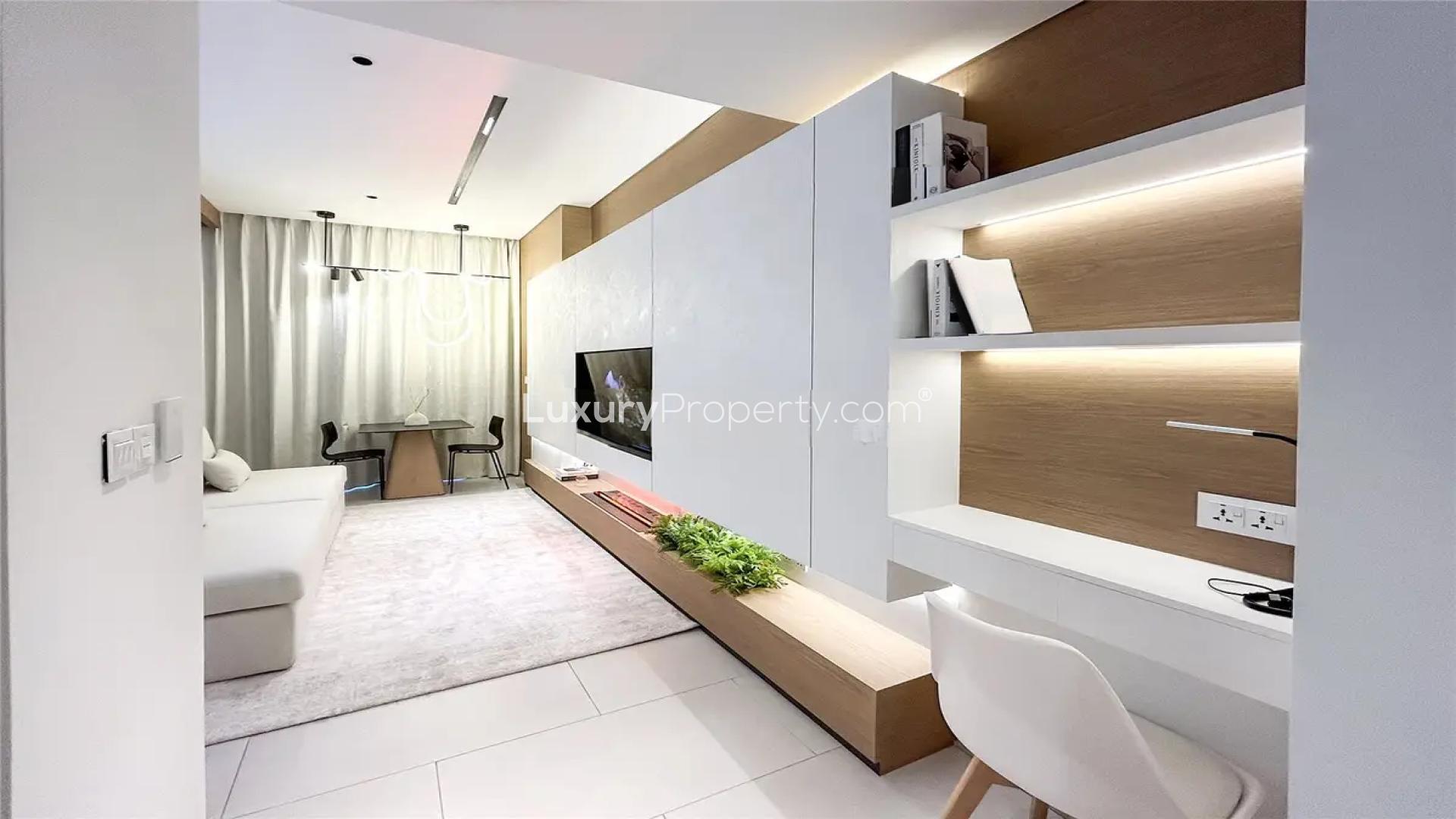 Studio apartment living area in Marquise Square Tower, Business Bay, with modern decor