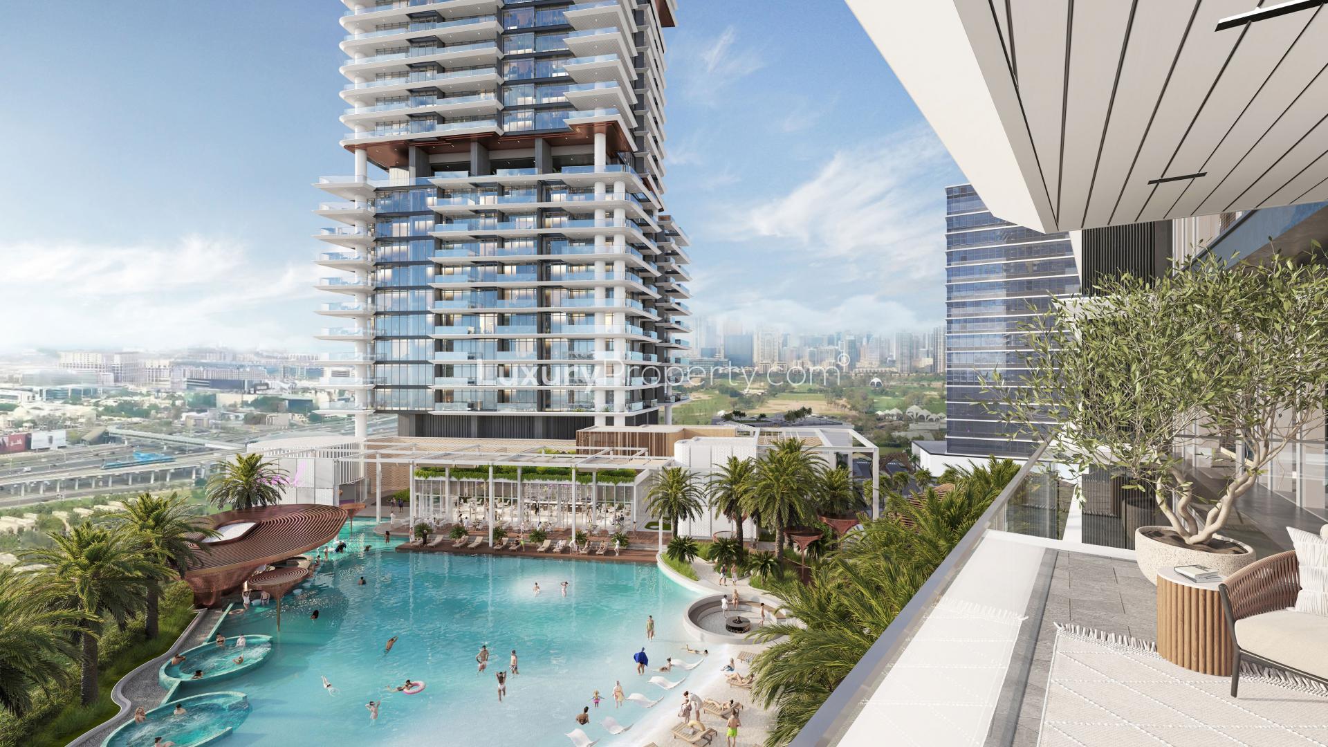 Modern studio apartment interior with large windows in Mercer House, Jumeirah Lake Towers