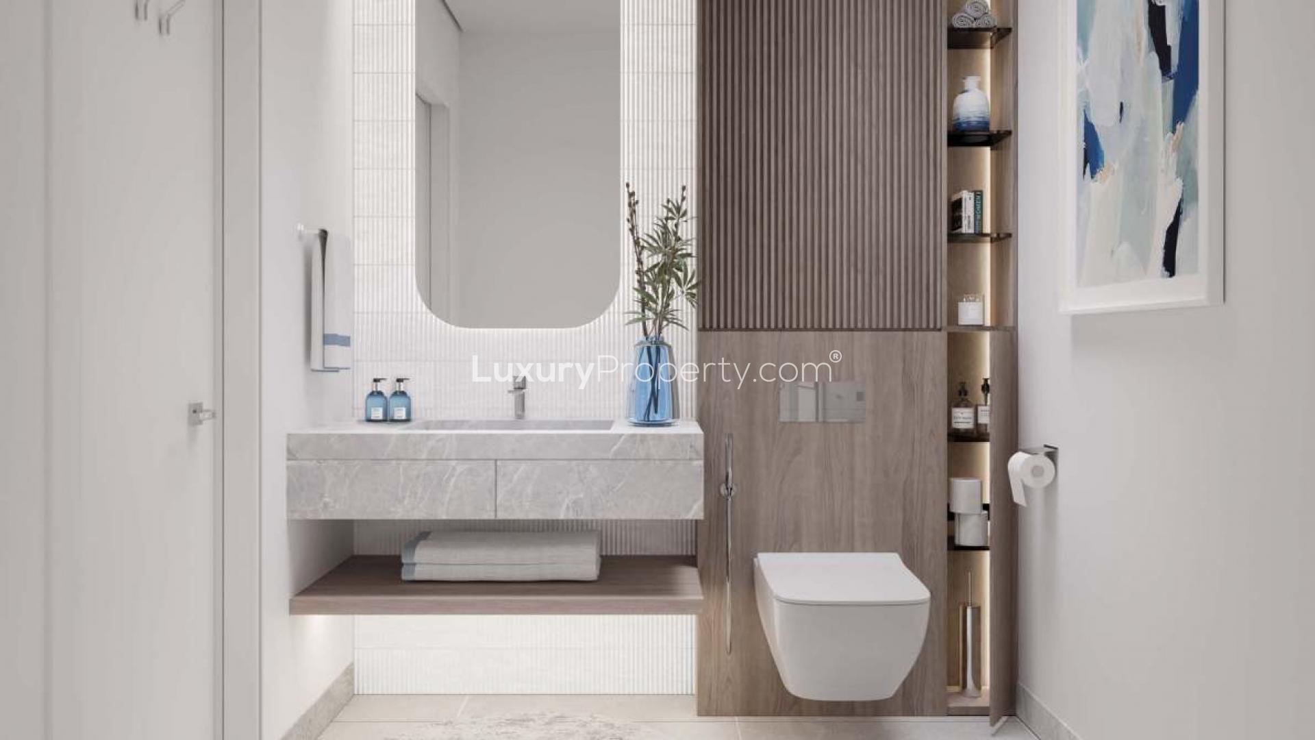 Modern bathroom in Art Bay Studio Apartments, Al Jaddaf, featuring elegant design and amenities